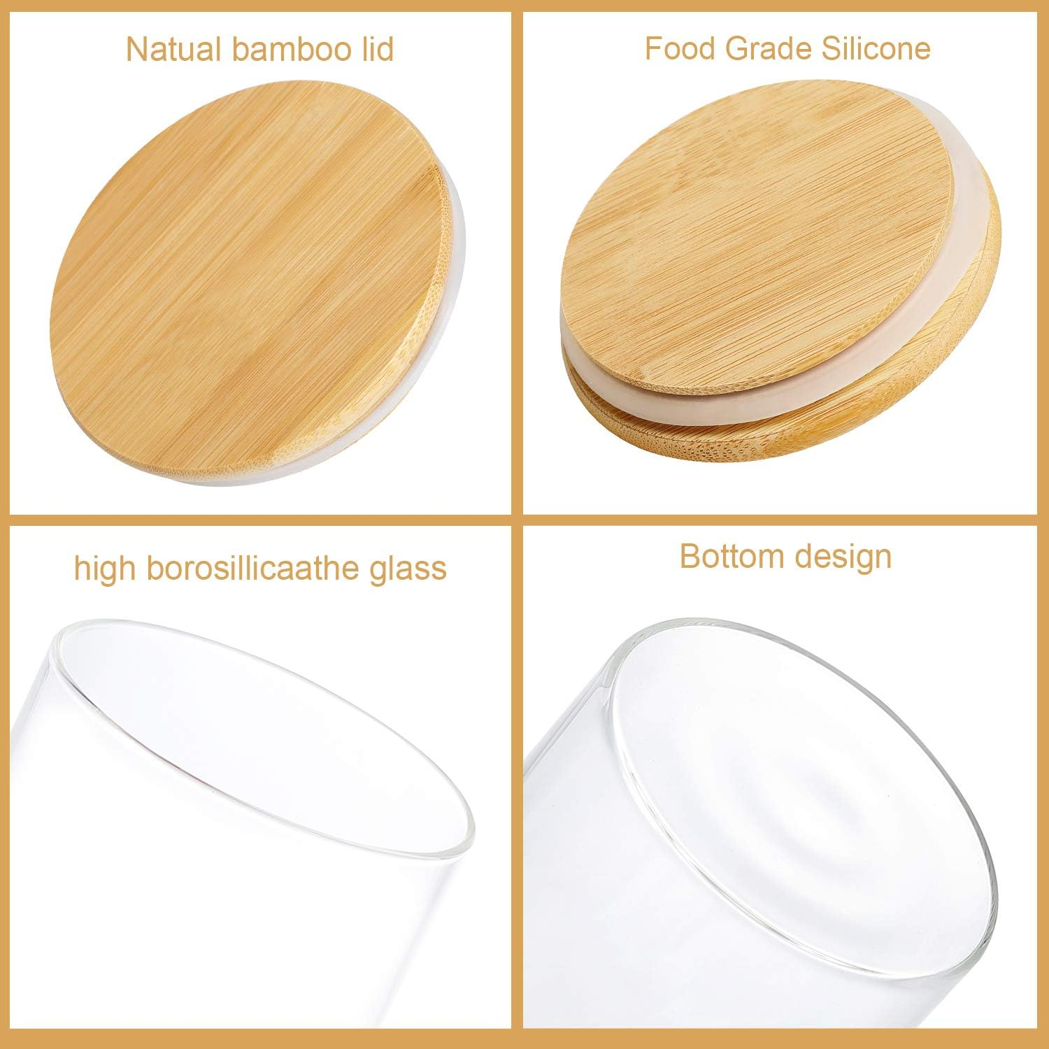 4 Pack Glass Jars with Airtight Bamboo Lids, Glass Kitchen Canisters Clear Container for Food Storage of Dry Goods, Cookie, Candy, Spices, Coffee Beans and More, 18.6 OZ