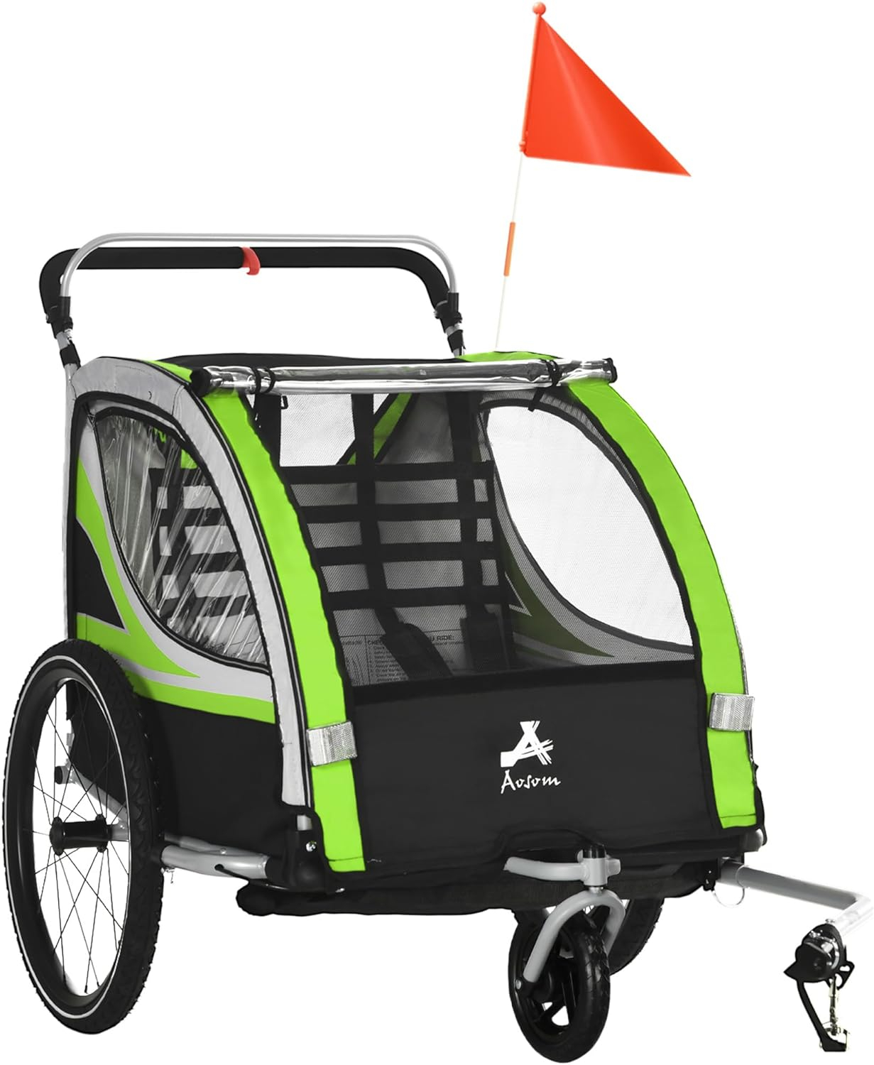 Aosom 2-in-1 Walk/Ride Child Baby Bike Trailer for Kids 2 Seater, High-Visibility Bike Stroller for Toddler Wagon, Weather-Strong Double Bicycle Trailer Accessory for Kids