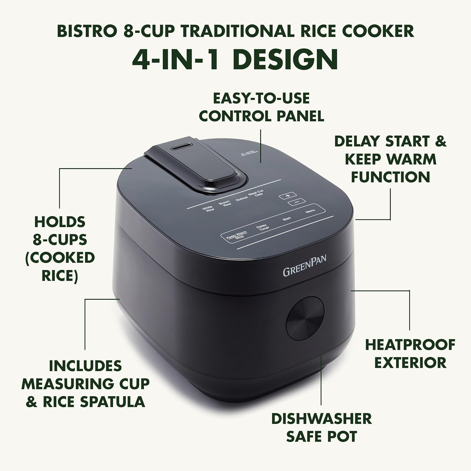 GreenPan Healthy Ceramic Nonstick Rice Quinoa Steel Cut Oats & Grains Cooker,Easy Meal Presets,4 Cups Uncooked (8 Cooked),Cool Touch,Compact,Warms, Steam,Removeable Bowl,Spatula Ladle&Cup, Matte Black