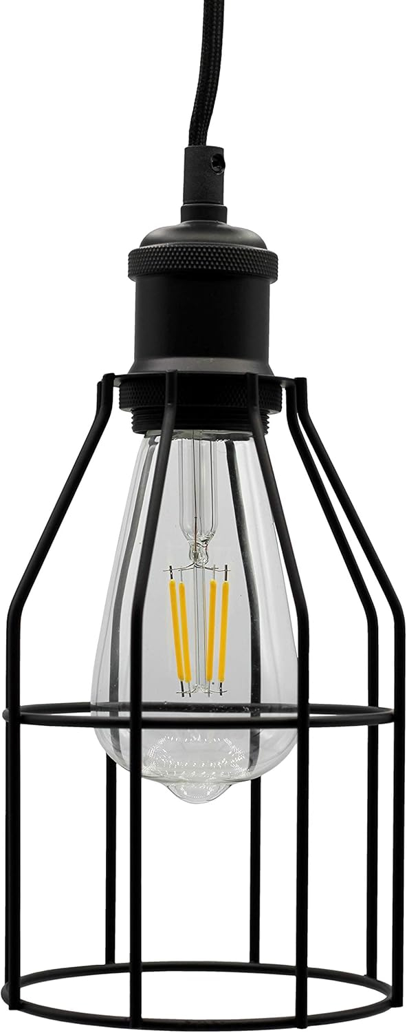 Industrial Hanging Pendant Light with Plug in Cord, Vintage Wire Cage Lamp for Kitchen Island Dining Room Farmhouse, 15 Cord with On Off Switch (Matte Black)