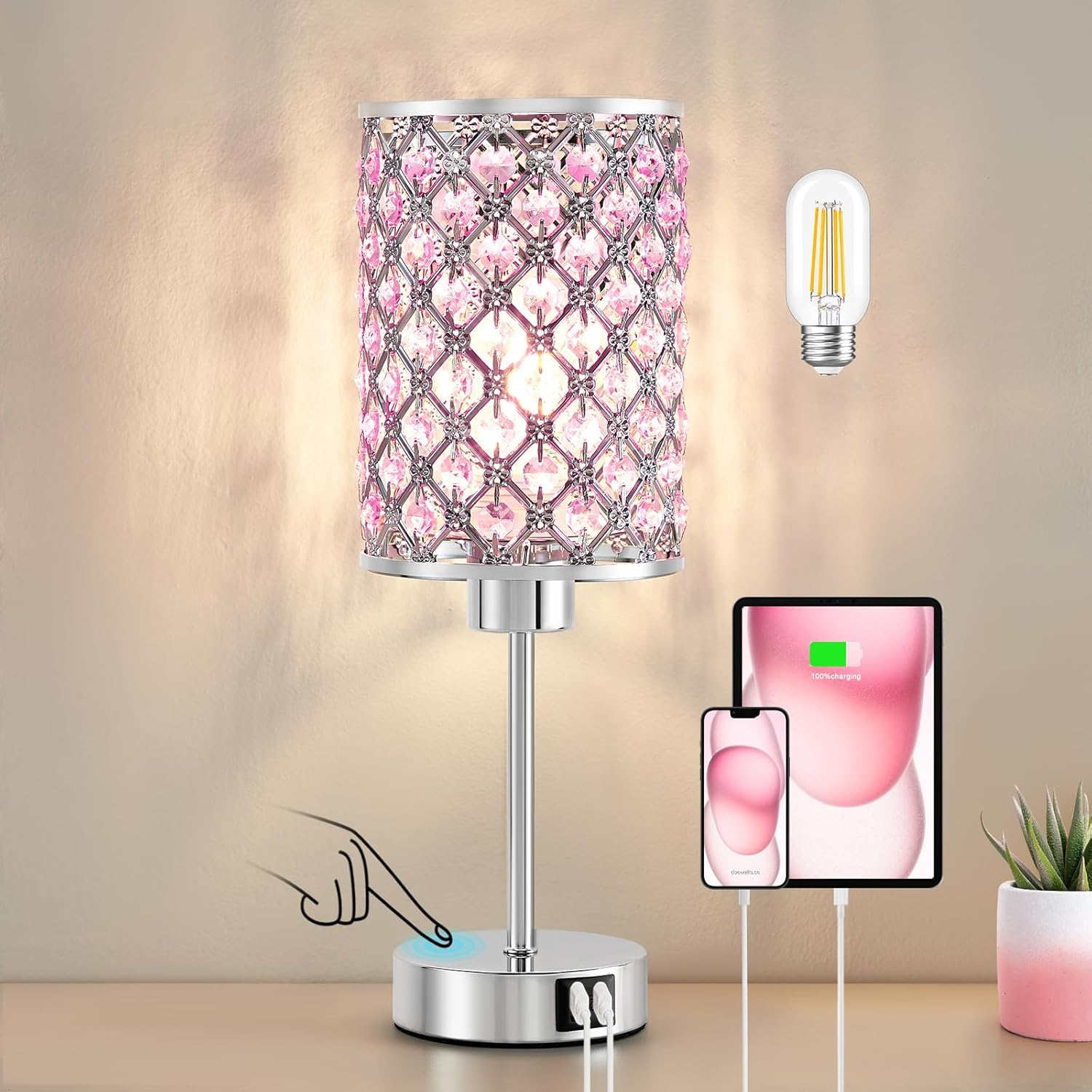 Crystal Table Lamp, Pink Touch Lamp with USB C+A Ports, 3 Way Dimmable with Crystal Shade, Small Bedside Lamps for Girl Bedroom, Living Room(Buld Included)