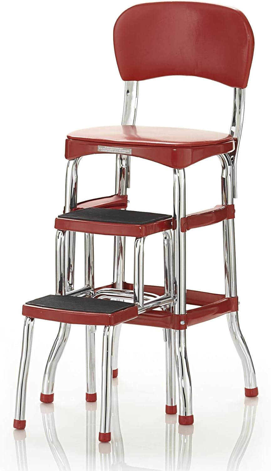 COSCO Stylaire Retro Chair + Step Stool with Pull-Out Steps, 225 lb Weight Capacity (Red, One Pack)