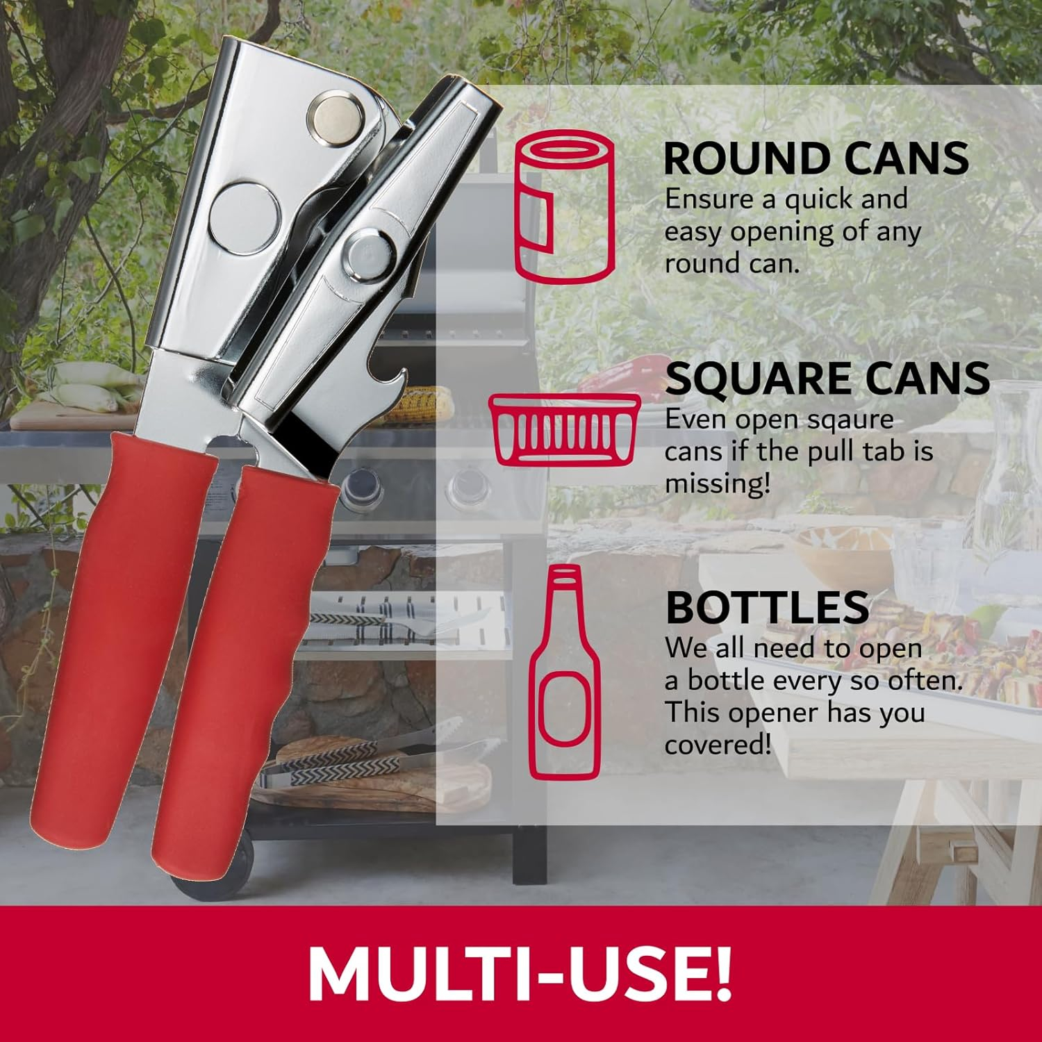 Commercial Stainless Steel Can Opener with Red Handle