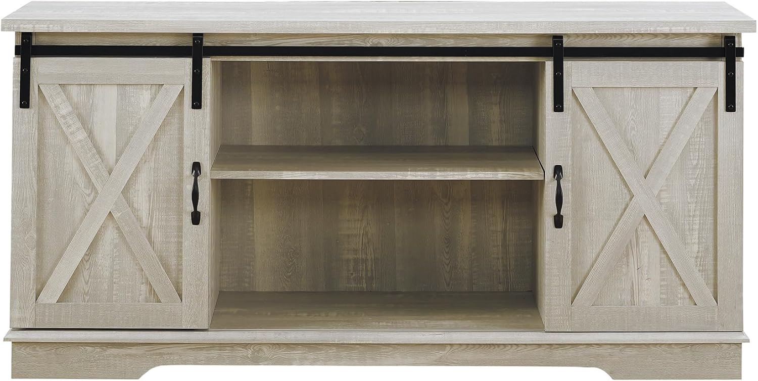 Stone Grey Modern Farmhouse 58" TV Stand with Barn Door Cabinets
