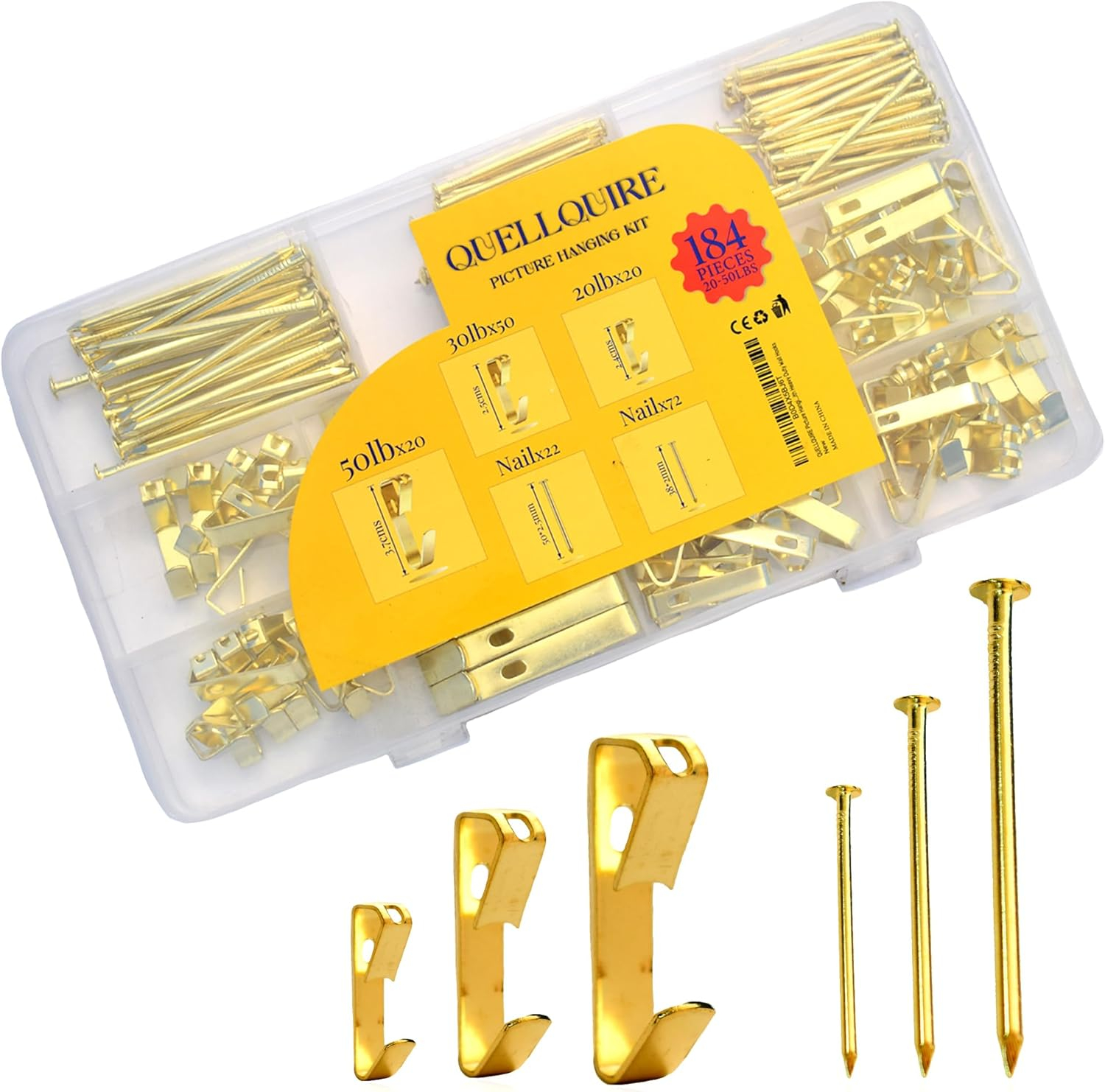 Picture Hanging Kit 184Pcs – Picture Hangers & Wall Hooks for Hanging – 20lb, 30lb, 50lb Wall Hangers with Metal Hooks and Nails for Drywall, Wood Walls & More(Gold)