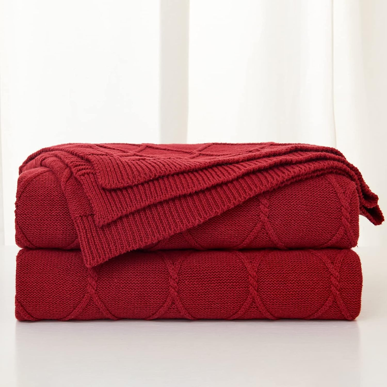 Longhui bedding 100% Cotton Burgundy Cable Knit Throw Blanket with Bonus Laundering Bag – Large 50 x 63 Inch Thick, Extra Cozy, Machine Washable, Home Decor, 2.35LB