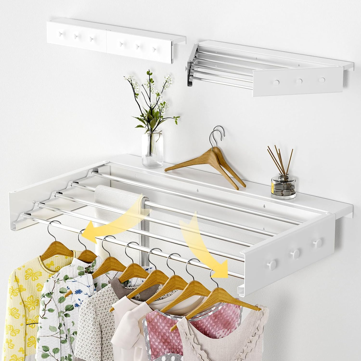 Wall Mounted Drying Rack with Top Shelf, 31.5 Inch Wide Drying Rack with 5 Aluminum Poles, 60 lbs Capacity, Suitable for Swimming Pools, Bathrooms, Living Rooms, Indoor Outdoor