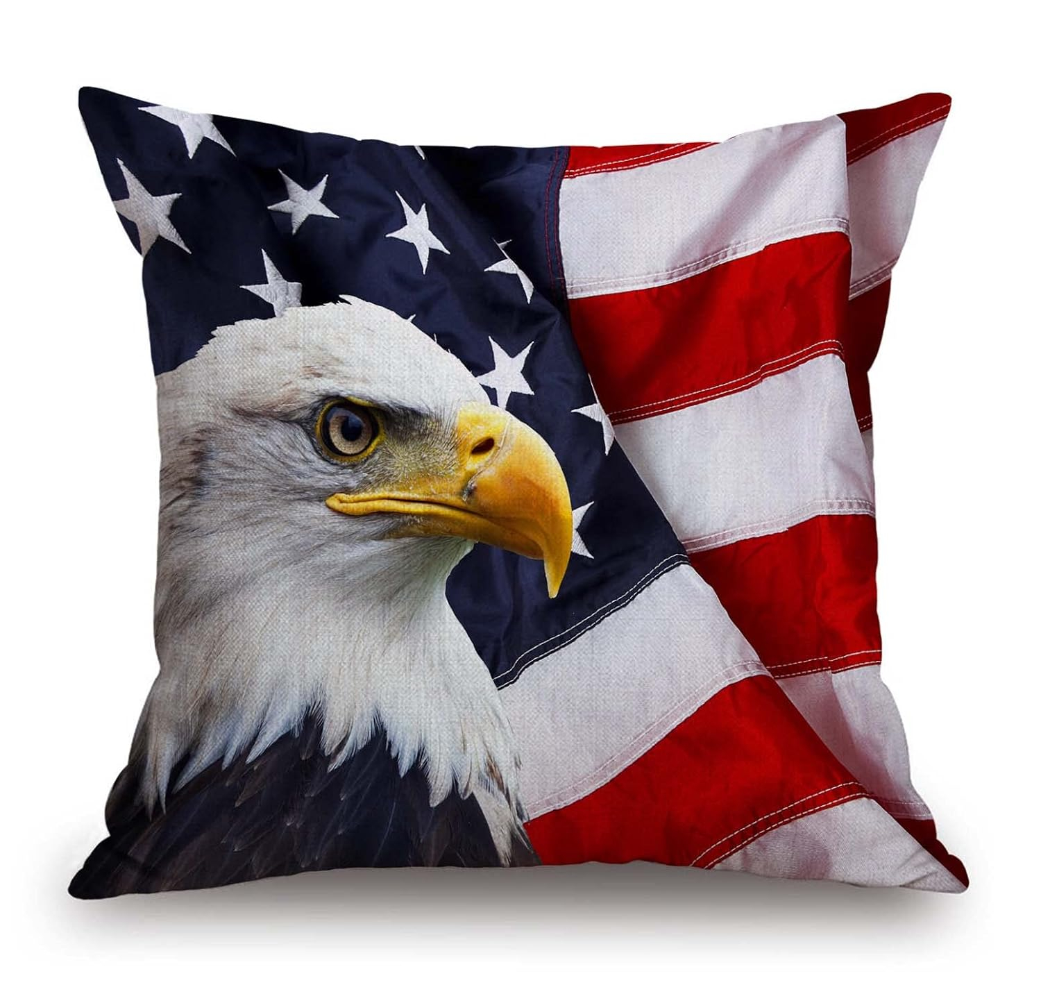 Patriotic Eagle and American Flag Cotton Linen Throw Pillow
