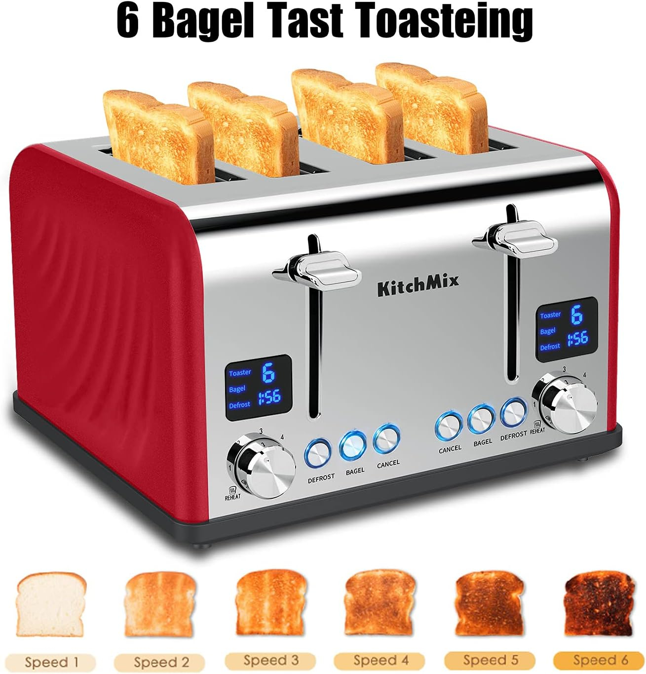 Toaster 4 Slice, KitchMix Bagel Stainless Toaster with LCD Timer, Extra Wide Slots, Dual Screen, Removal Crumb Tray (Red)