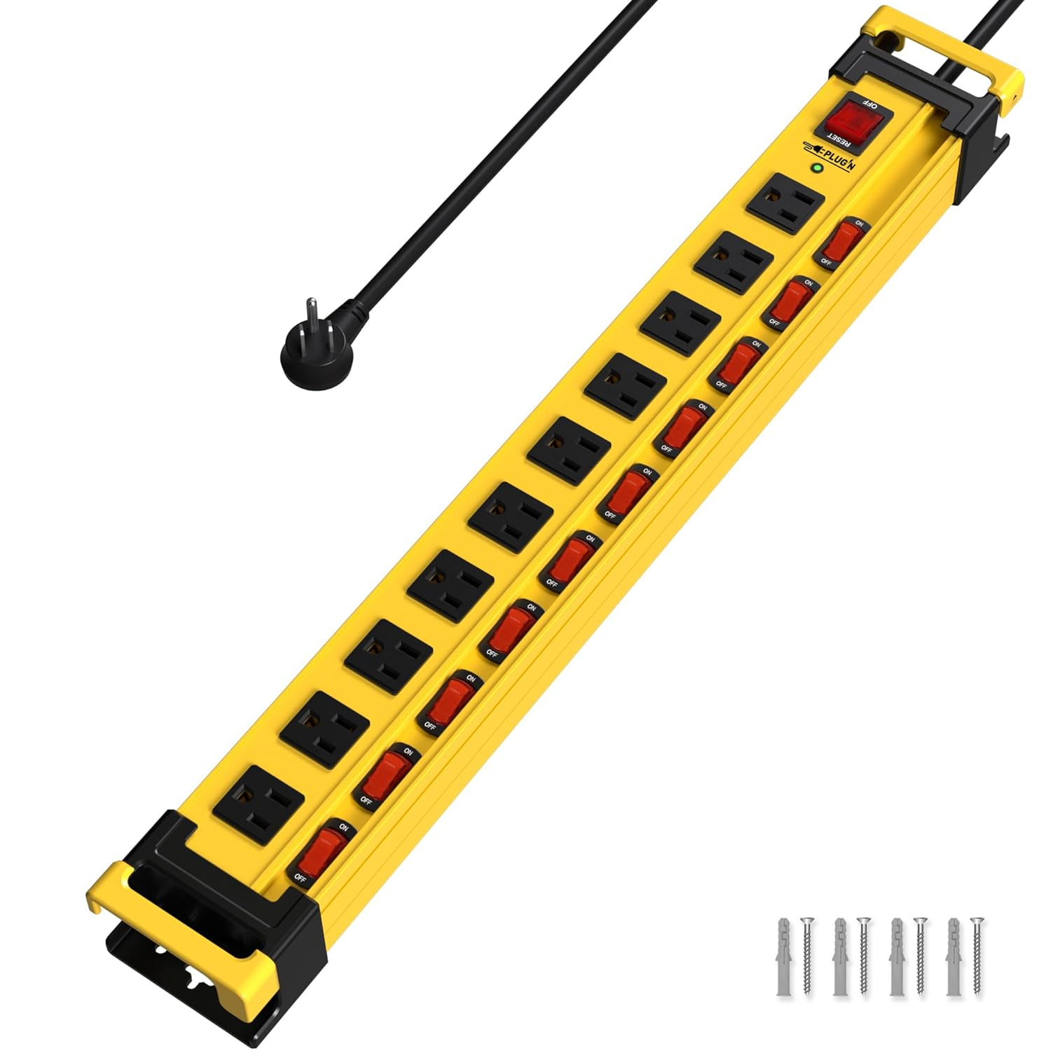 Power Strip 10 Outlet,3300J Surge Protector with Individual Switches,9FT Cord 14AWG/15AMP/1875W,Metal Heavy Duty Power Strip with Cord Manager,for Workshop,Garage,Shop,Home