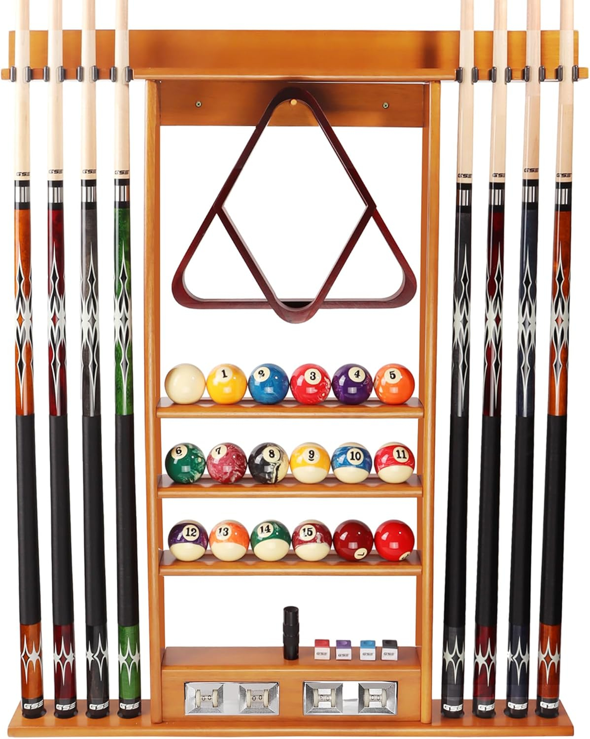 GSE Games & Sports Expert Pool Cue Stick Hanging Wall Mounting Rack with Score Counter, Cue Rack Only. Holds 8 Pool Cue Stick, Billiard Ball and Ball Rack - Oak