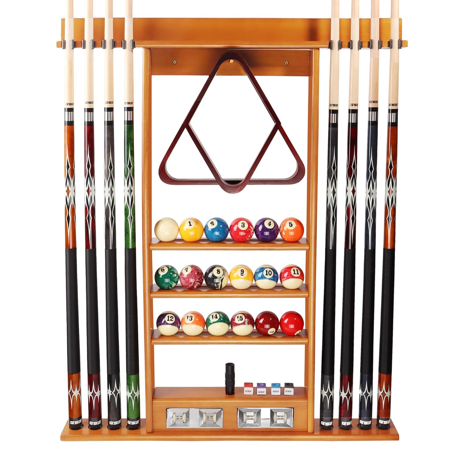 GSE Games & Sports Expert Pool Cue Stick Hanging Wall Mounting Rack with Score Counter, Cue Rack Only. Holds 8 Pool Cue Stick, Billiard Ball and Ball Rack - Oak