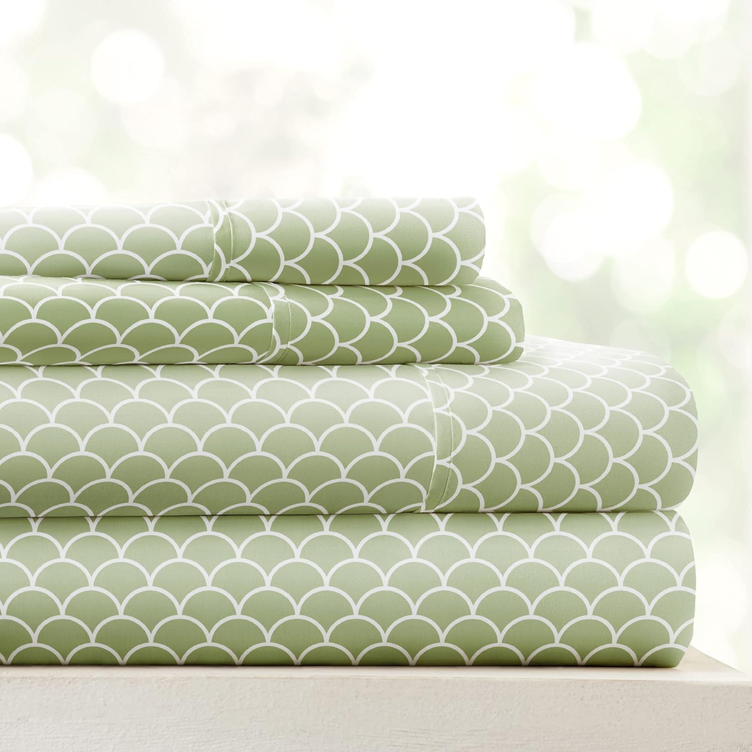 Linen Market Double-Brushed Patterned Microfiber King Sheet Set 4 Piece – Oeko-TEX Certified Ultra Soft & Wrinkle-Free - 16" Deep Pocket Sheets - Easy Care King Size - Scallops Sage