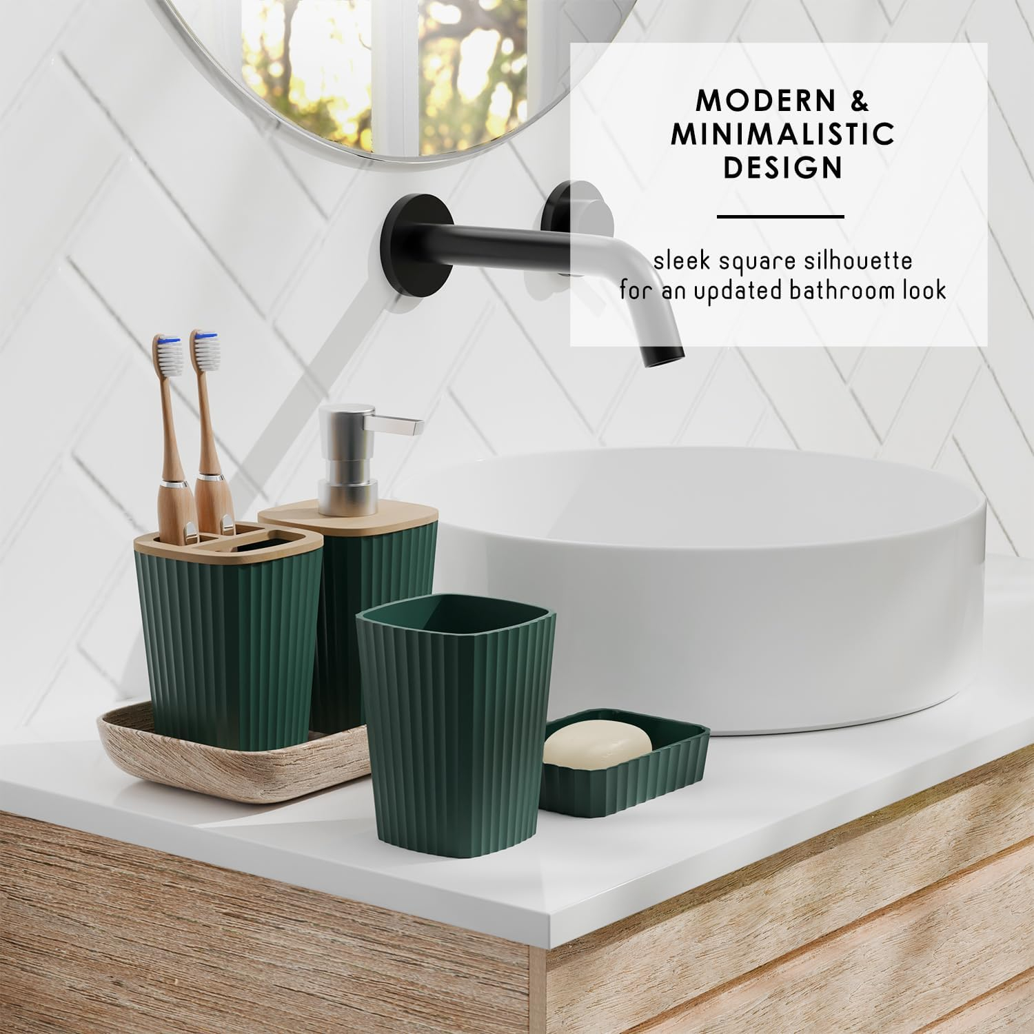 Clara Clark Bathroom Set - Hunter Green Bathroom Accessories Set, 6PC Bathroom Accessory Set, Bathroom Sets with Toilet Brush, Trash Can & Soap Dispenser
