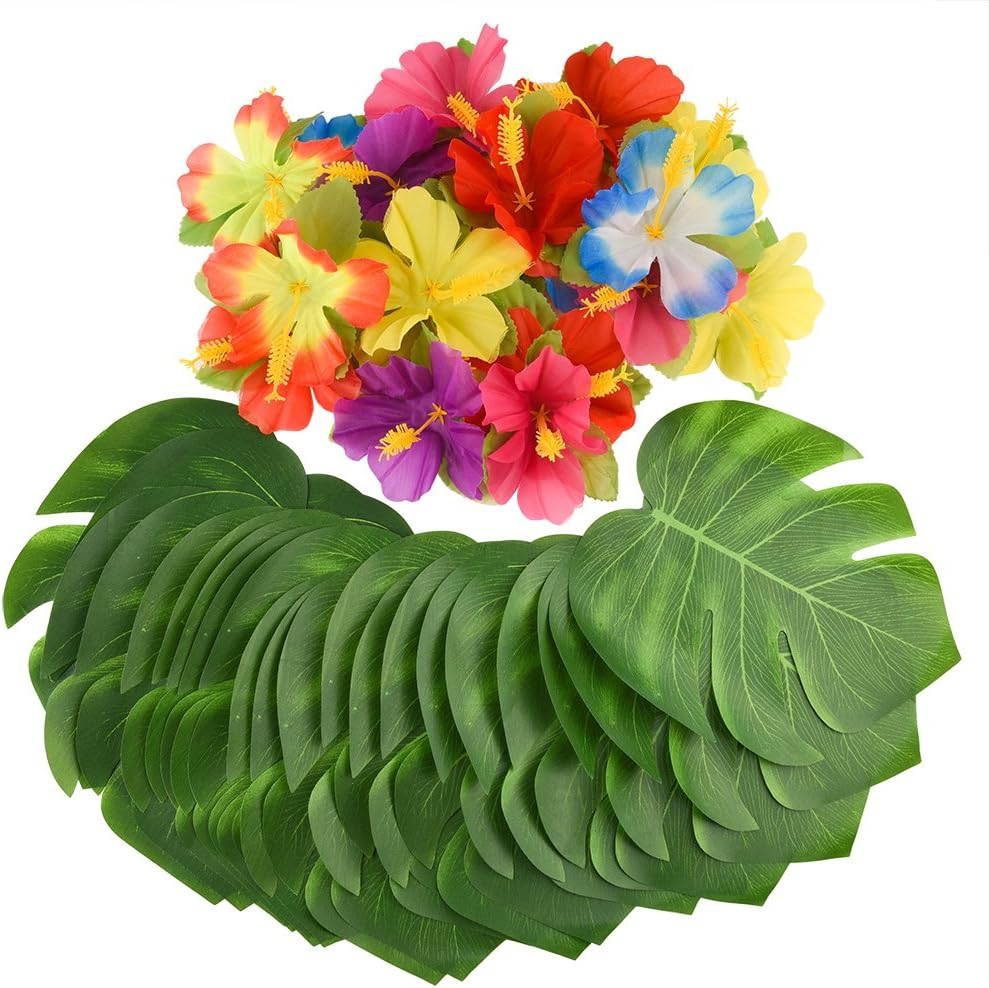 KUUQA 88 Pcs 20cm/8" Tropical Palm Leaves and Silk Hibiscus Flowers Party Decor, Artificial Monstera Plant Leaves Flowers Hawaiian Luau Party Jungle Beach Theme BBQ Birthday Party Decorations Supplie