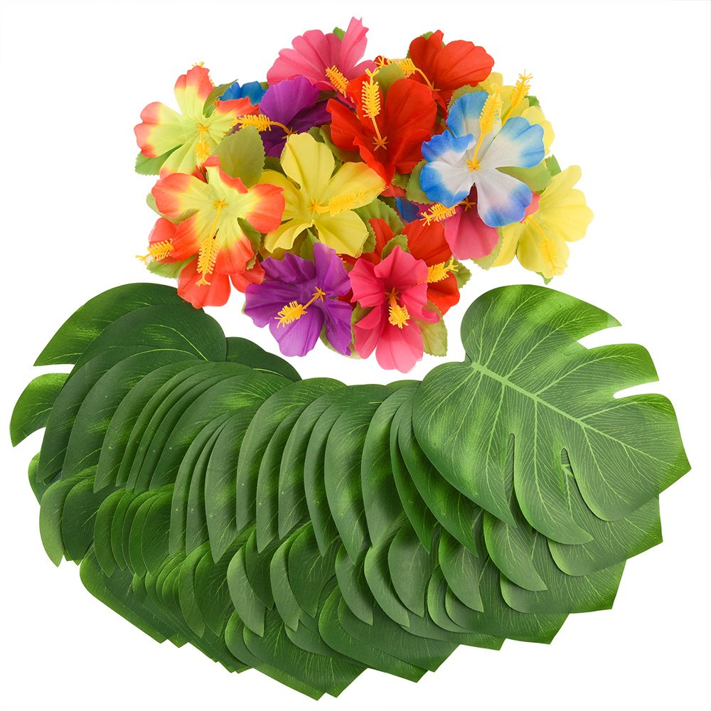 KUUQA 88 Pcs 20cm/8" Tropical Palm Leaves and Silk Hibiscus Flowers Party Decor, Artificial Monstera Plant Leaves Flowers Hawaiian Luau Party Jungle Beach Theme BBQ Birthday Party Decorations Supplie