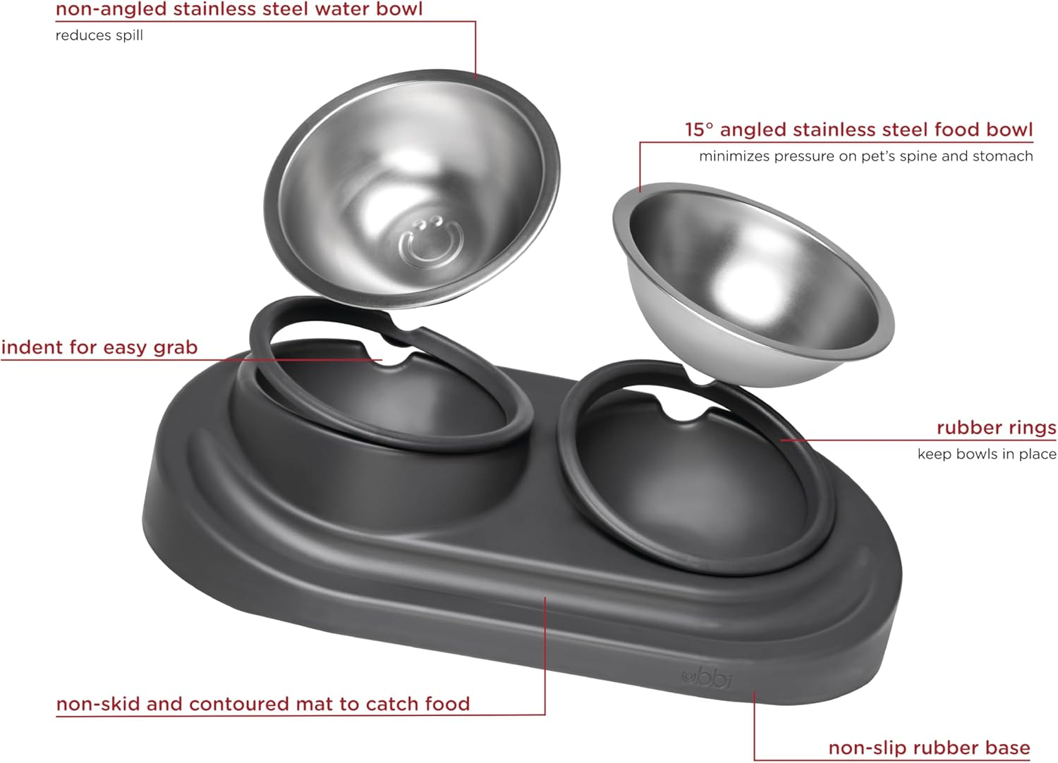Ubbi Pet Ergonomic Elevated Food and Water Dog Bowl Set with 2 Stainless Steel Bowls, Charcoal Gray