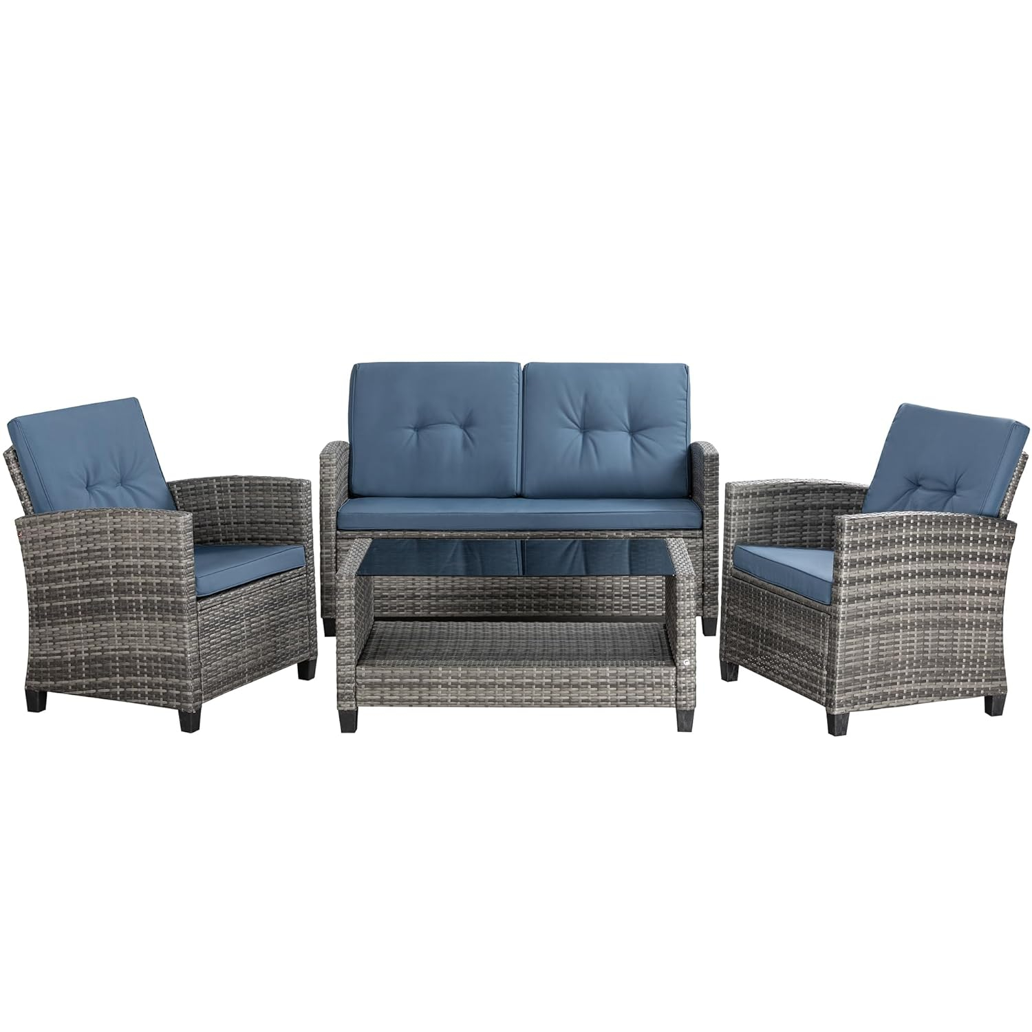Shintenchi 4 Piece Patio Furniture Set, Outdoor Rattan Conversation Set with Coffee Table, Outside Wicker Sectional Sofa Couch with Cushion, Gray and Blue