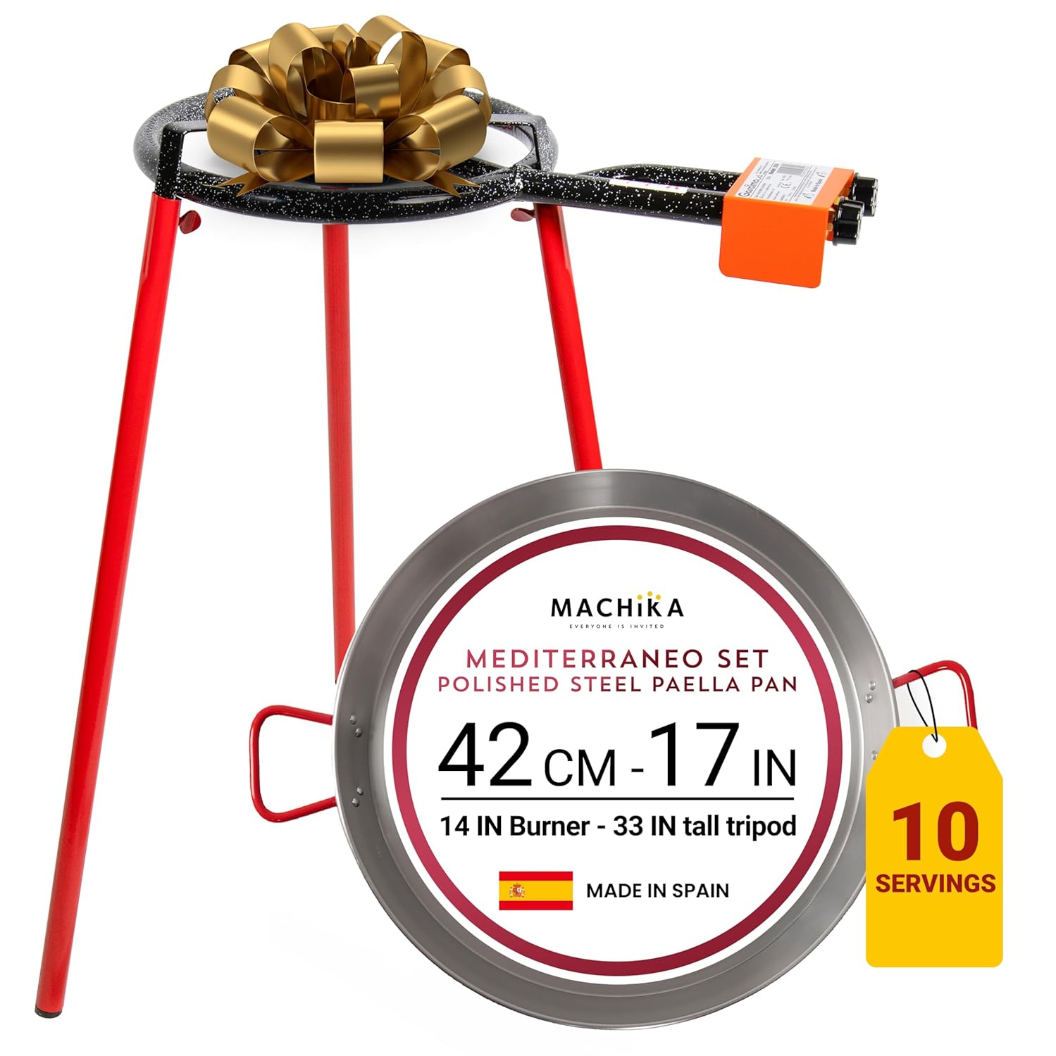 Machika Paella Pan Set with Burner Carbon Steel Outdoor Pan and Legs Manufactured by Garcima (Andreu I 12 Servings)