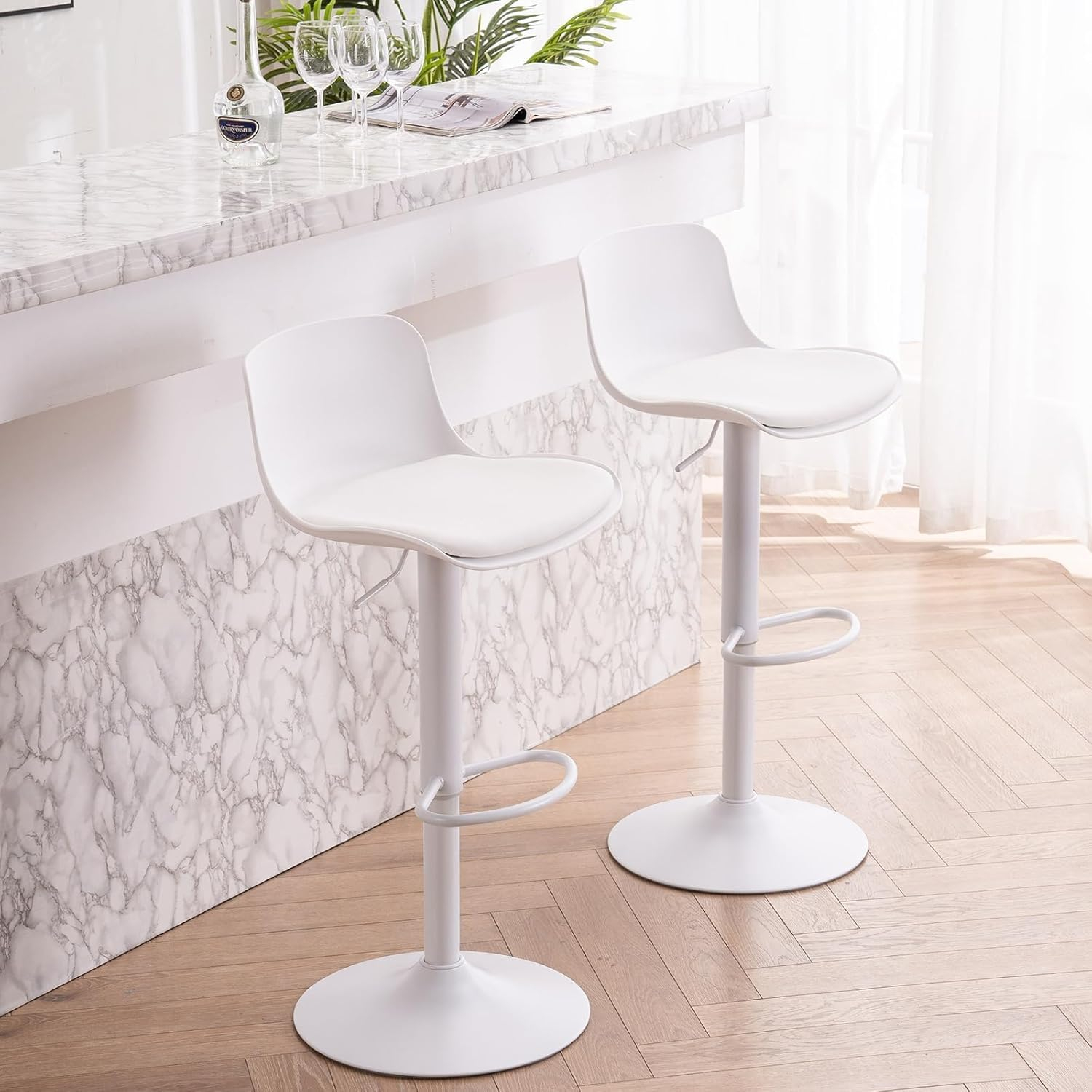Height Adjustable Swivel PP Bar Stool with PU Padded Seat, White, Set of 2