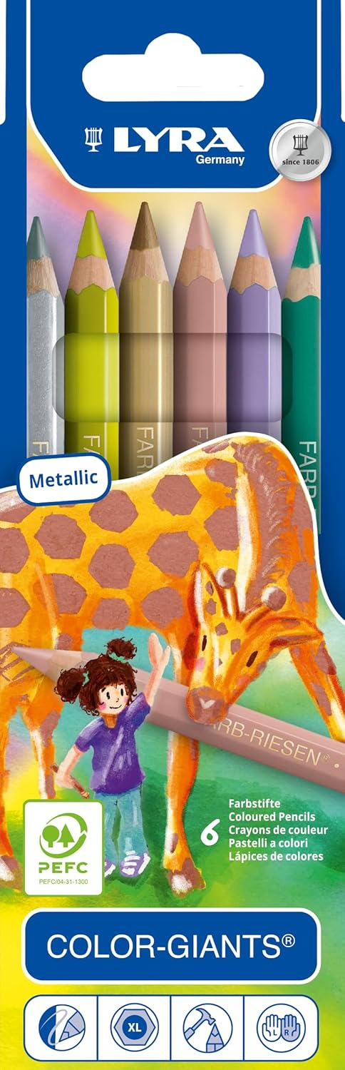 Lyra Metallic Assorted Colors Giant Hexagonal Cedar Pencils Set of 6
