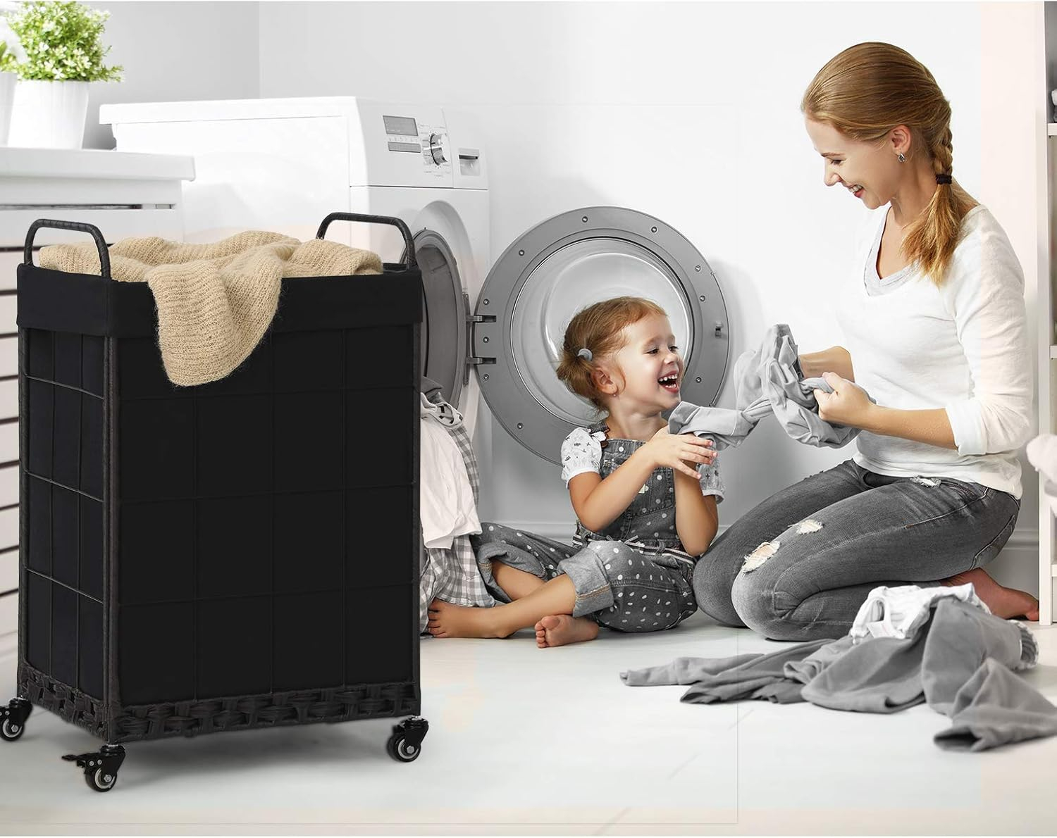 Laundry Hamper with Heavy Duty Rolling Lockable Wheels; Durable Laundry Basket with Detachable Liner Bag; Collapsible Clothes Hamper with Metal Handle (Black)