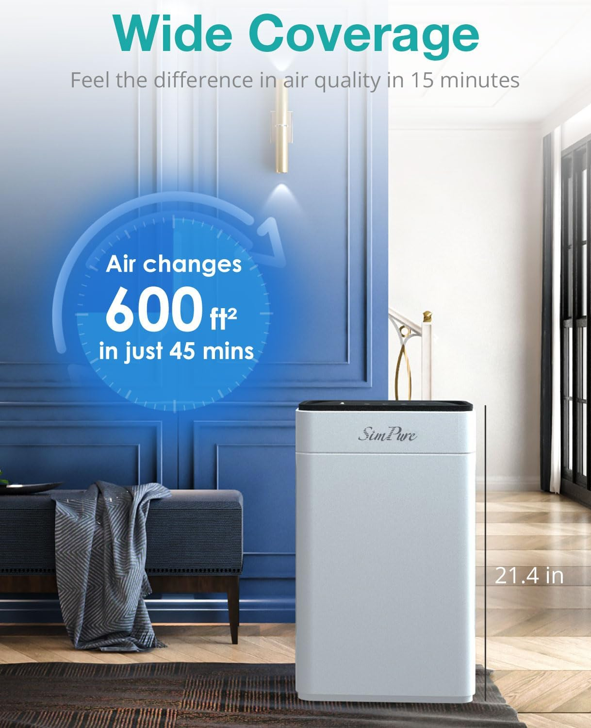 SimPure HP8 Air Purifier for Home Large Room & Bedroom & Office, Quiet True HEPA Filter Air Cleaner for Allergies, Pets, Smokers, Eliminates Allergens, Smoke, Odors, Dust, Pets Hair Dander, Mold