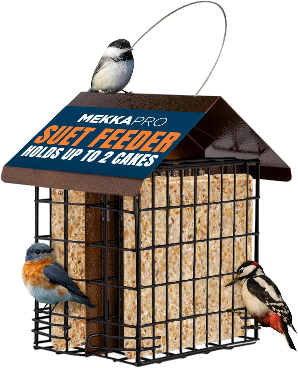MEKKAPRO Suet Feeder with Hanging Metal Roof, Two Suet Capacity.