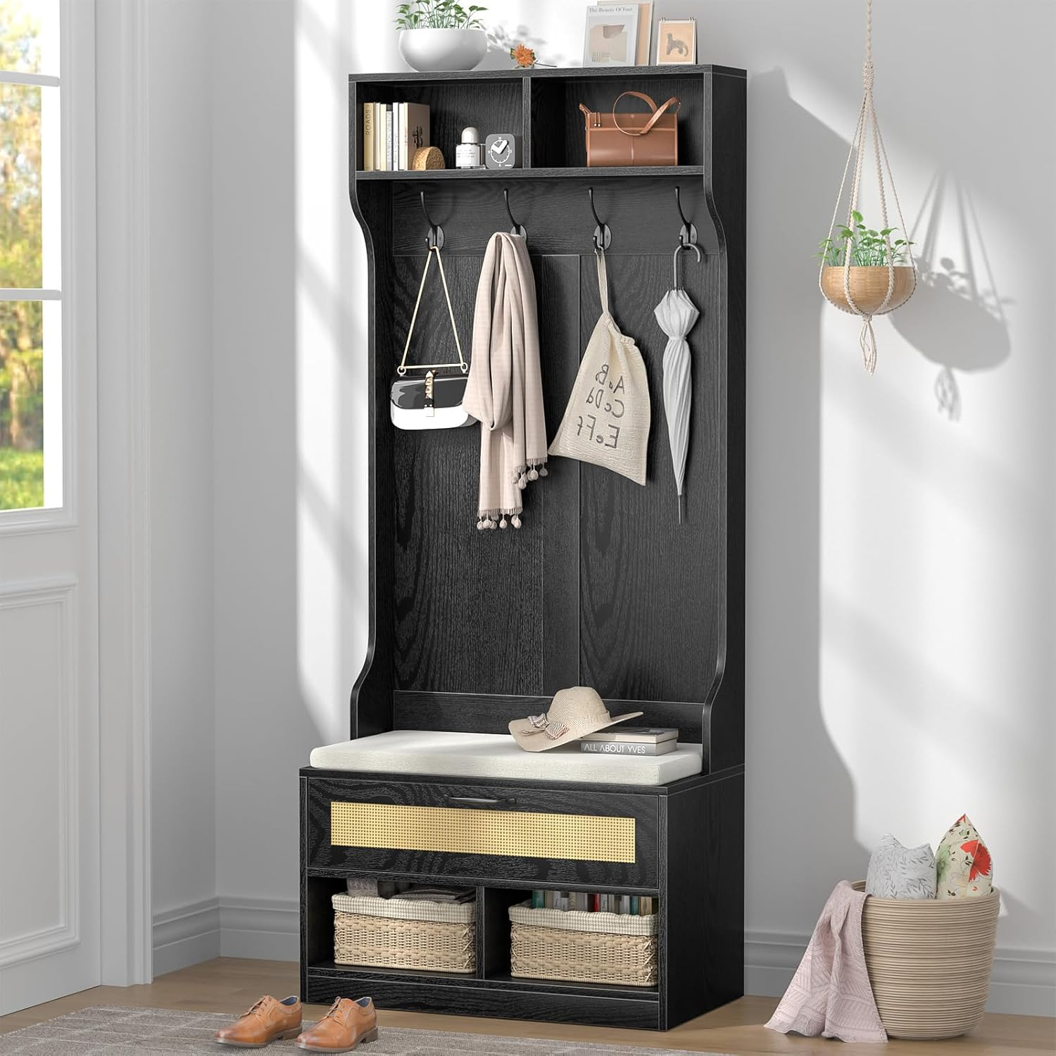 Anmytek Hall Tree with Bench and Shoe Storage, Entryway Coat Rack with 6 Compartments 4 Hooks & Rattan Door, Shoe Storage Bench with Soft Cushion for Hallway, Living Room, Mudroom
