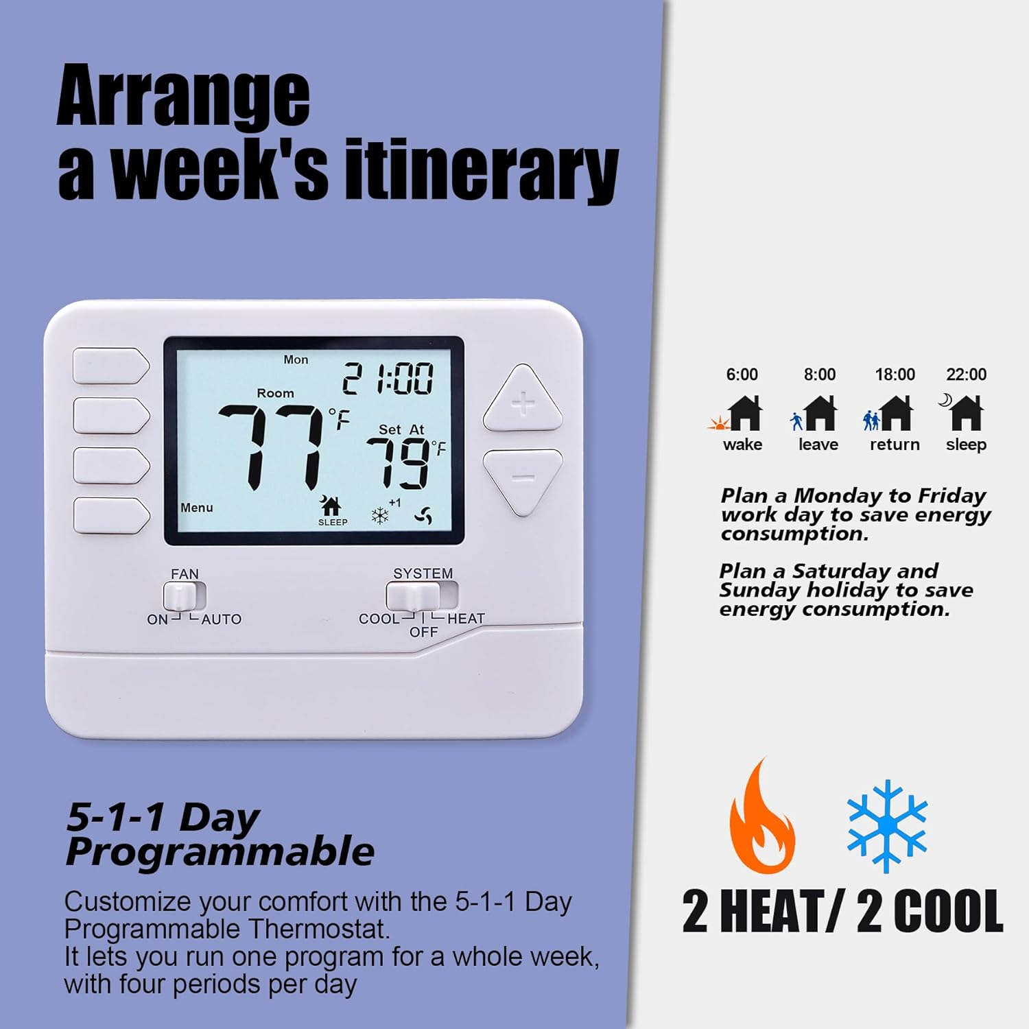 5-1-1 Day Programmable Heat Pump Thermostat for Home up to 2 Heat and 1 Cool
