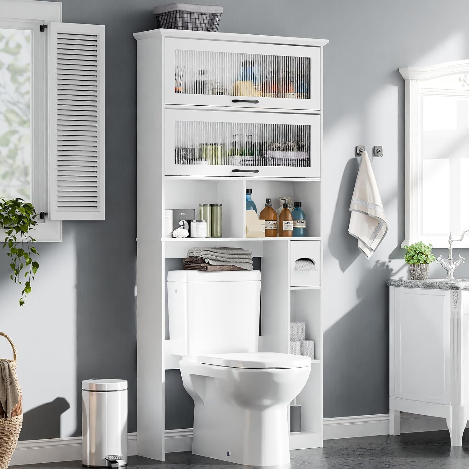 Over The Toilet Storage Cabinet with Transparent Door, Toilet Paper Storage Cabinet with Multi Layer Shelves Suitable for Bathroom, Laundry Room, Freestanding Bathroom Storage Rack,White