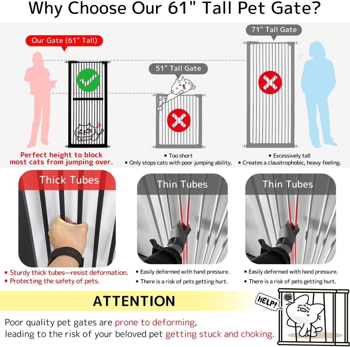 Lumizone Extra Tall Pet Gate 61.02" High Pressure Mounted 30.12"-34.05" Extra Wide (9 Sizes) 1.37" Gap for Cat Dog Children Stairs Doorway Hallway No Drilling Auto-Close (30.12"-34.05", Black)