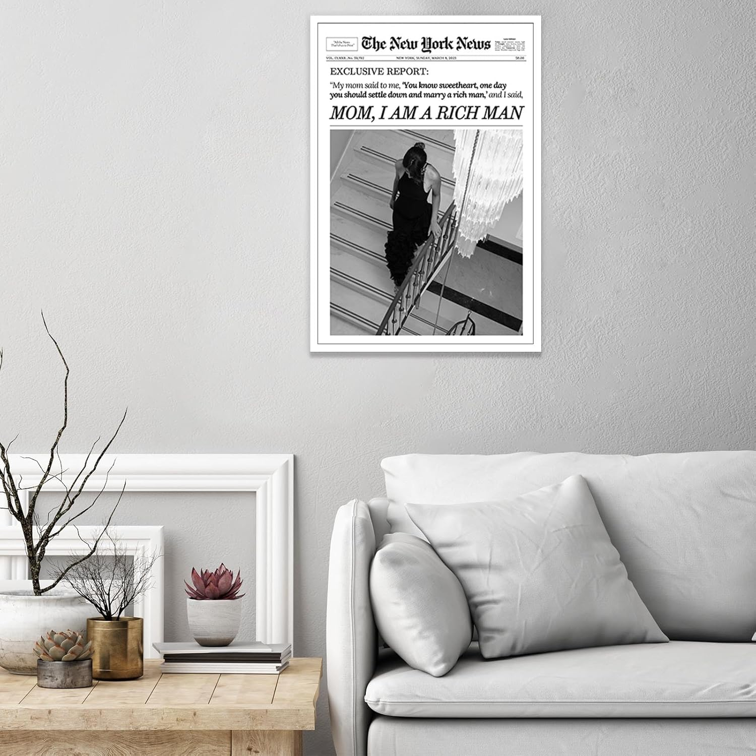 Trendy Black and White Newspaper Canvas Wall Art Poster