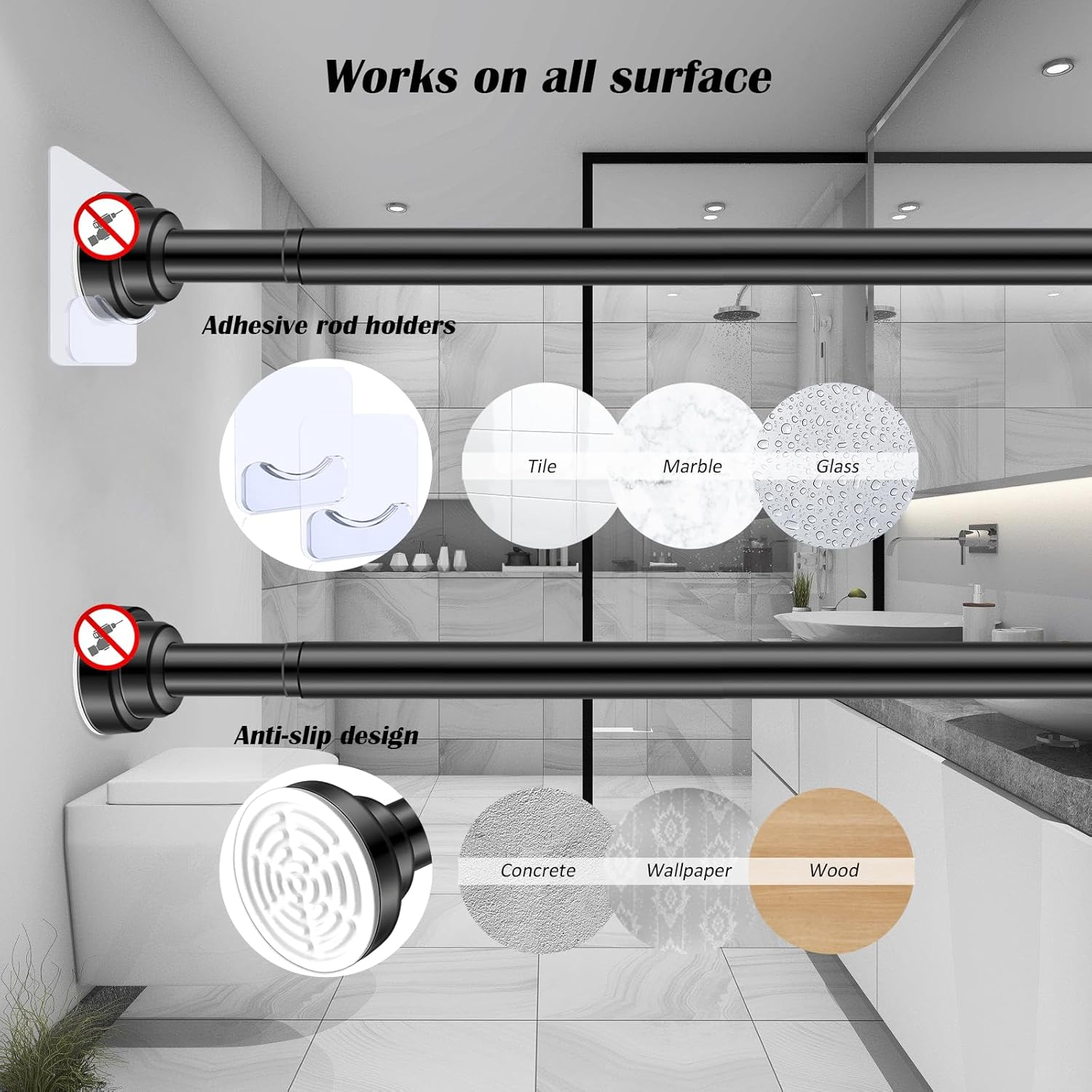 Adjustable Shower Curtain Rod ,32-84"Stainless Steel closet rod ,Spring Tension Rod with Holder ,No Drilling | Anti-Slip
