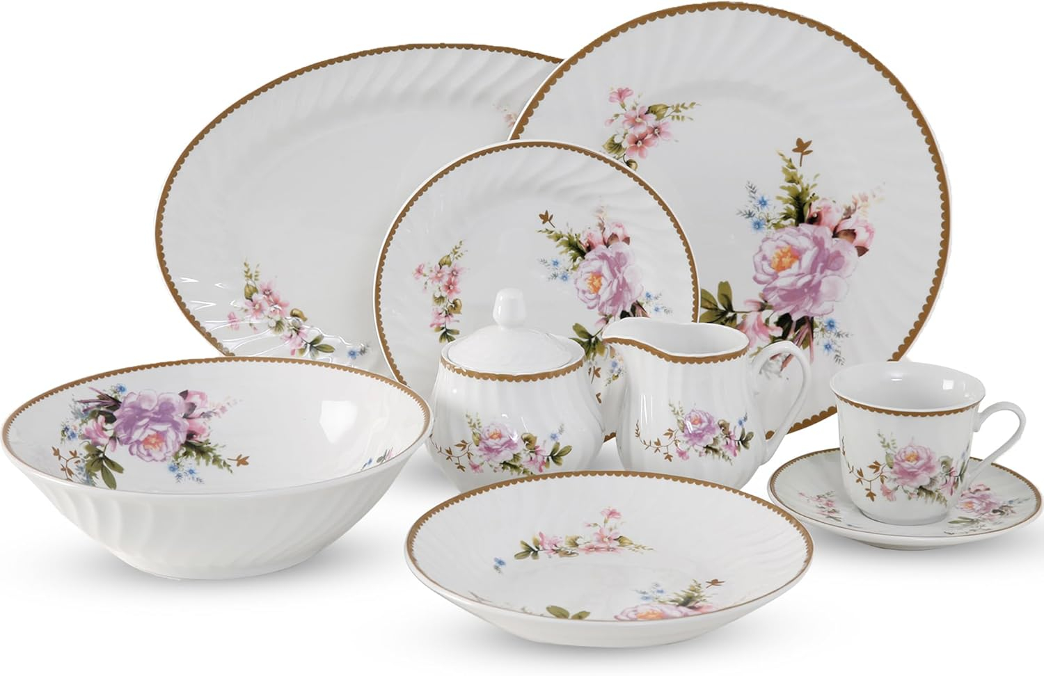 Lynns Paradise Timeless Rose Floral 45-Piece Dinnerware Set, Service for 8, Pink; 24K Gold Trim, Embossed Swirl, Colorful Floral Print, Porcelain