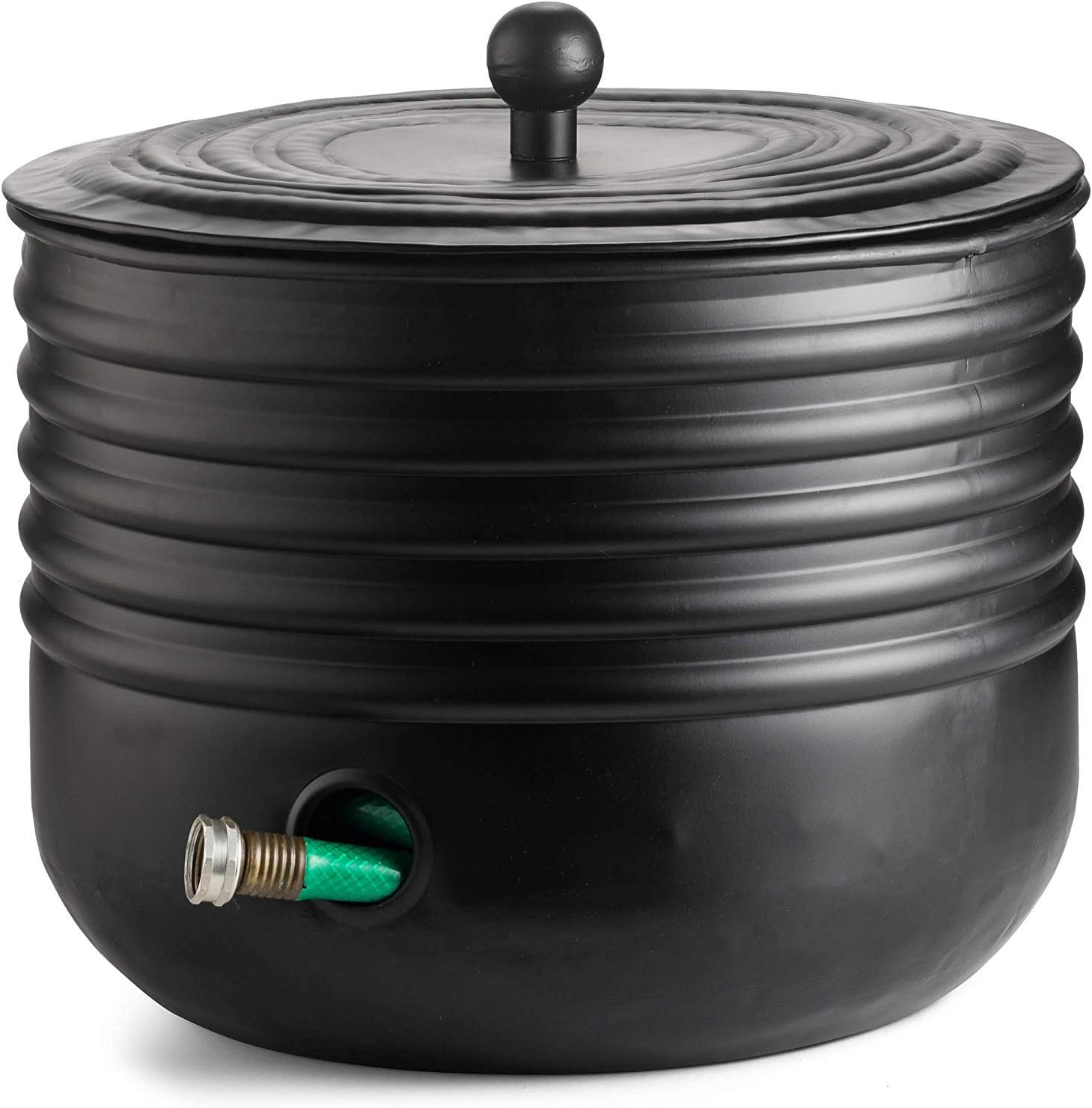Black Ribbed Steel Garden Hose Pot Holder with Lid