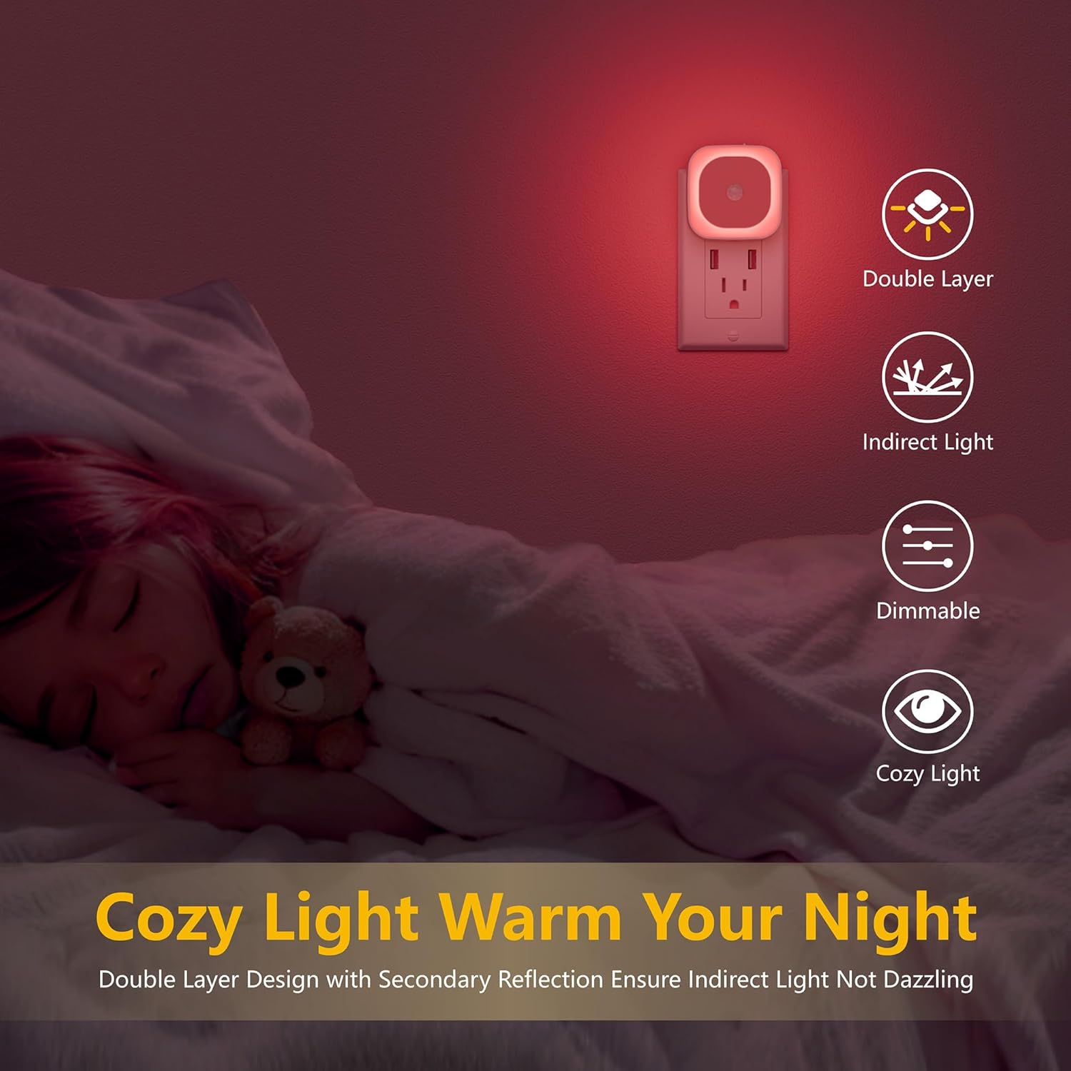 2 Pack Plug in Night Light with Motion Sensor & Dusk to Dawn Sensor, 3 Sensor Modes, Red Night Lights Plug into Wall, Dimmable Nightlight for Bedroom, Bathroom, Indoor, Gifts for Adults, Kids