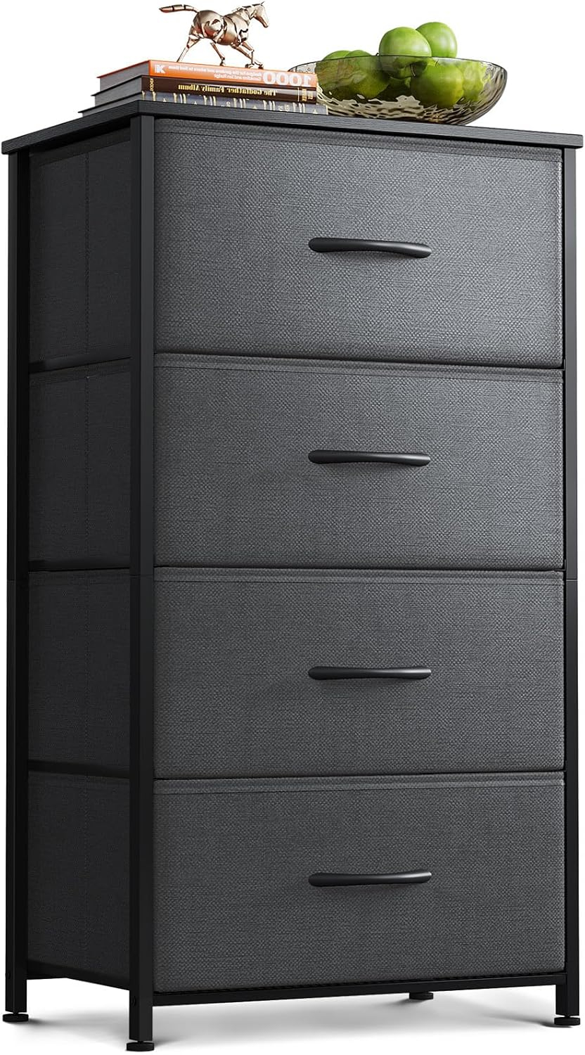 ODK Dresser for Bedroom with 4 Storage Drawers, Small Dresser Chest of Fabric Drawers with Sturdy Steel Frame, Wood Top, Dark Grey