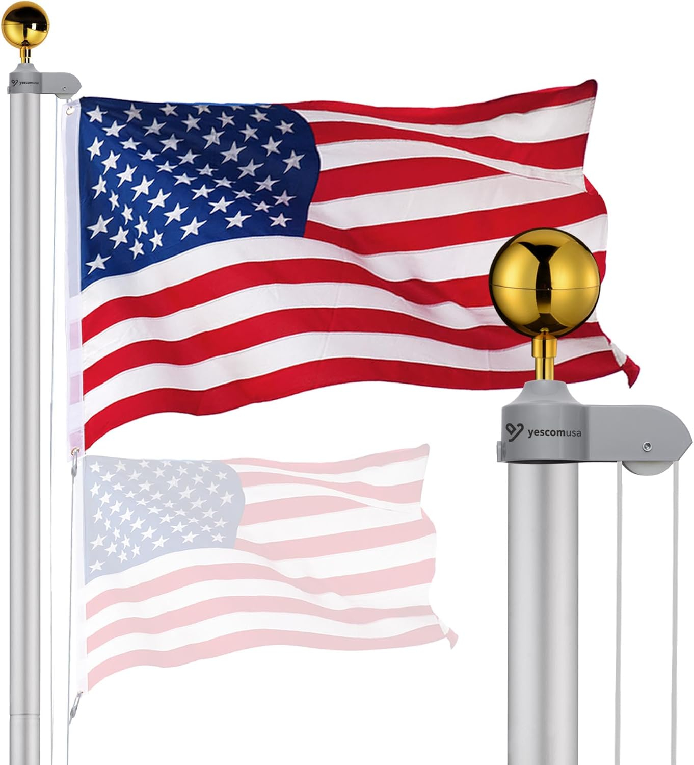 Yescom Bravery 20 Ft Aluminum Sectional Flagpole Kit 3'x5' US Flag Gold Ball Kit Hardware Outdoor Garden Halyard Pole
