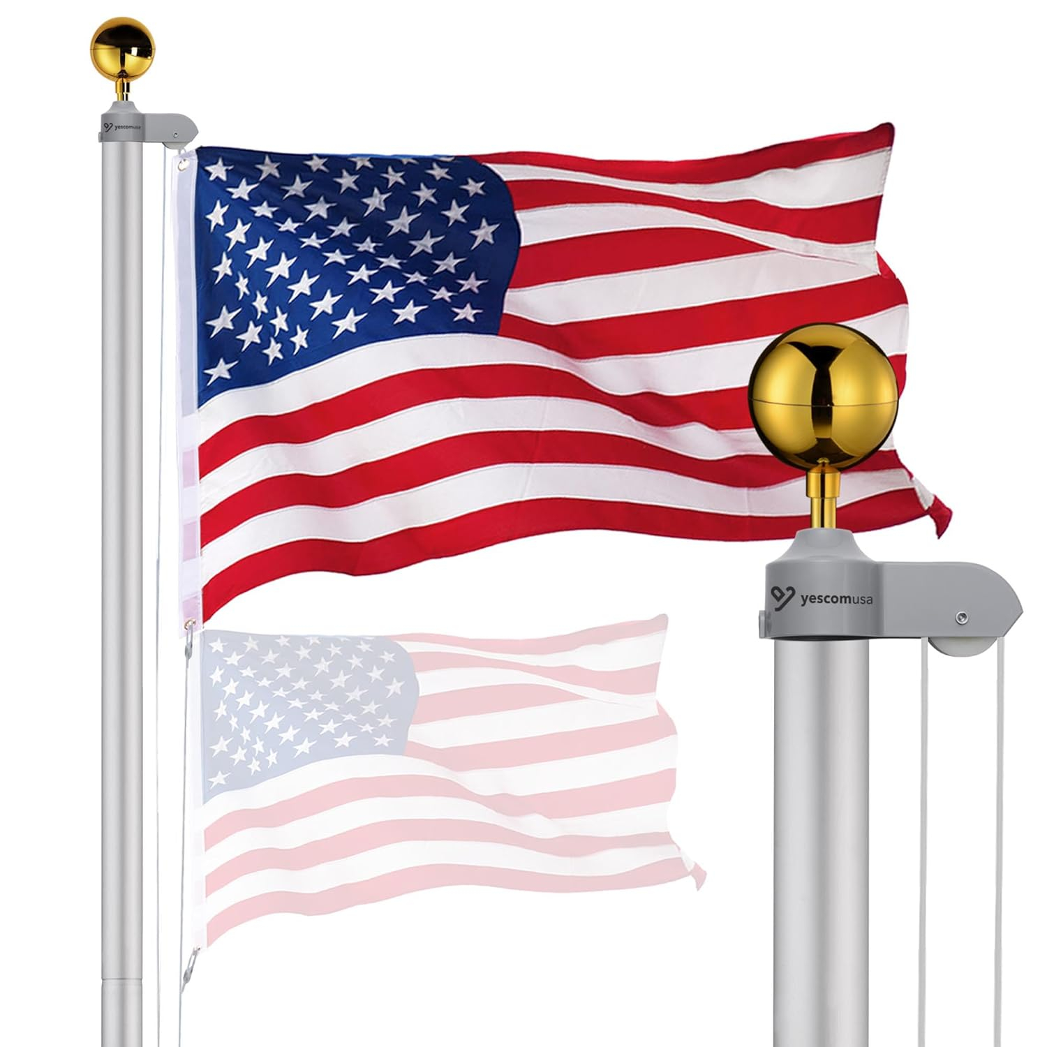 Yescom Bravery 20 Ft Aluminum Sectional Flagpole Kit 3'x5' US Flag Gold Ball Kit Hardware Outdoor Garden Halyard Pole