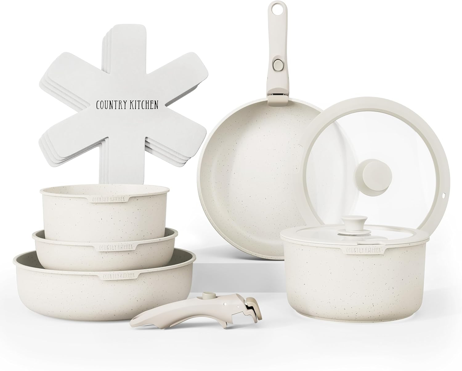 Country Kitchen 13-Pc Pots and Pans Set with Removable Handles Nonstick Cookware Set, Cream