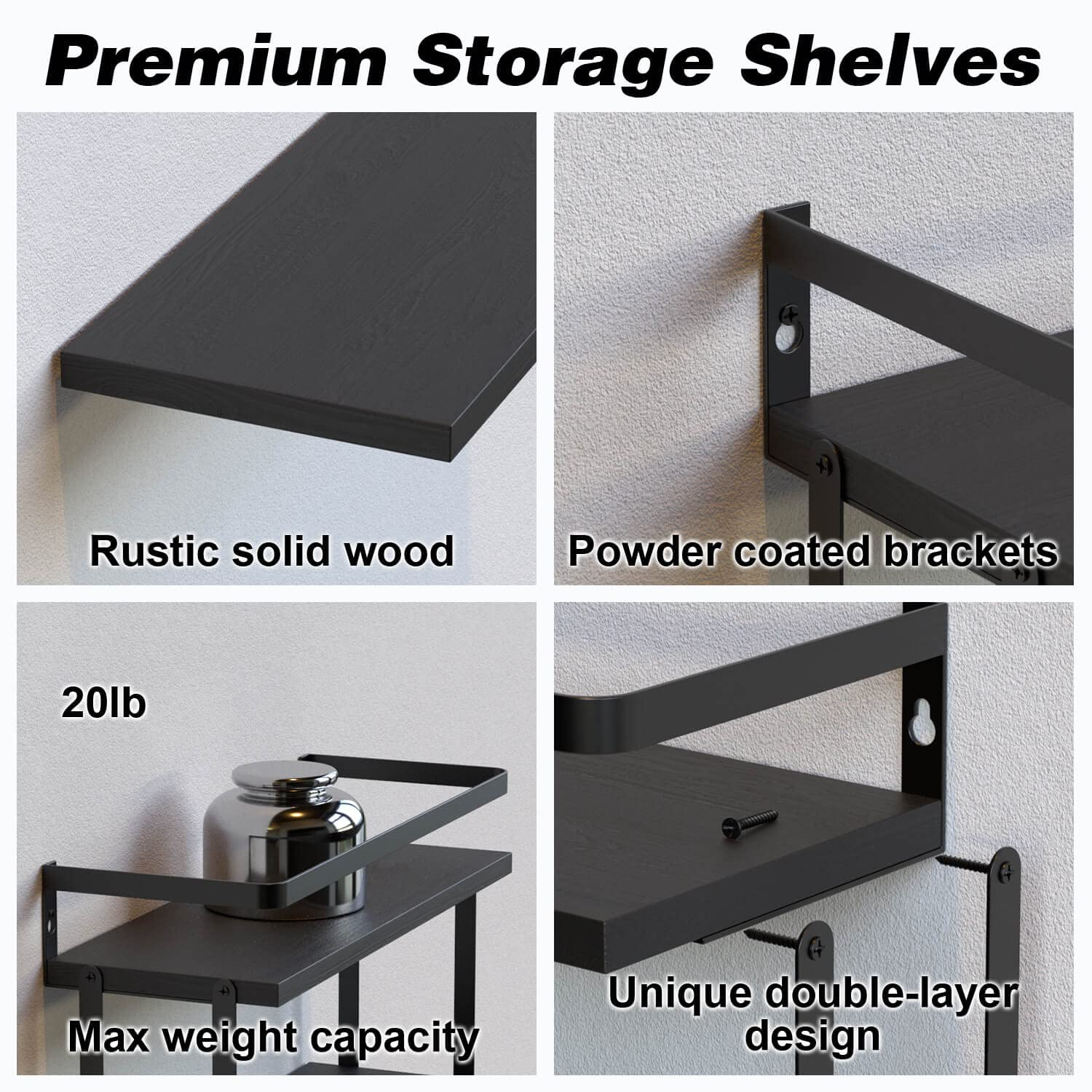 RICHER HOUSE 2+1 Tier Wall Mounted Floating Shelves Set of 2, Rustic Wood Wall Shelf with Metal Frame, Extra Storage Rack for Bathroom, Kitchen, Bedroom with Tissue Rack & Towel Bar - Black