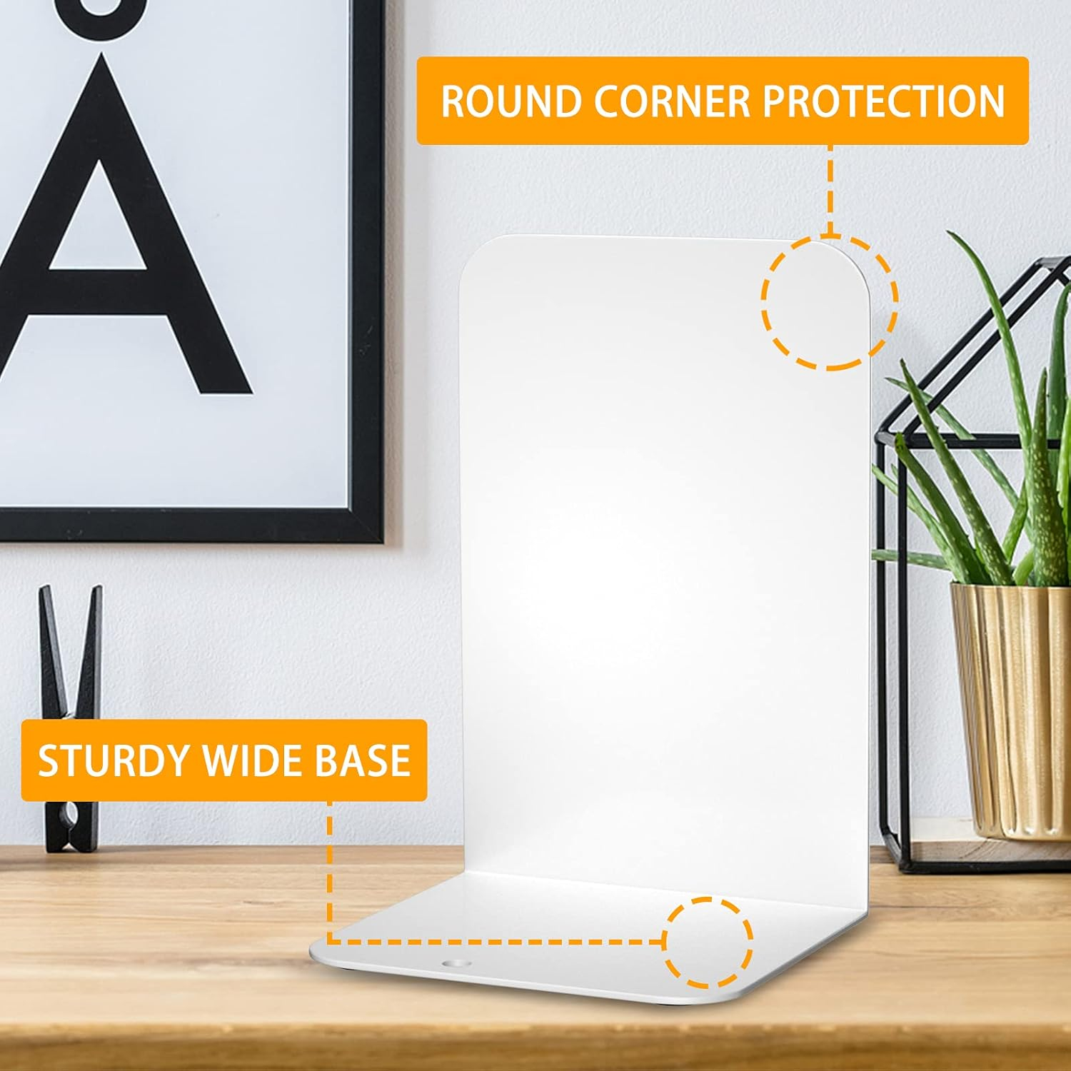 VFINE White Bookends 2 Pair, Metal Shelf Book Ends, Bookends for Shelves, Book Stopper for Heavy Books, Book Dividers for Home Office