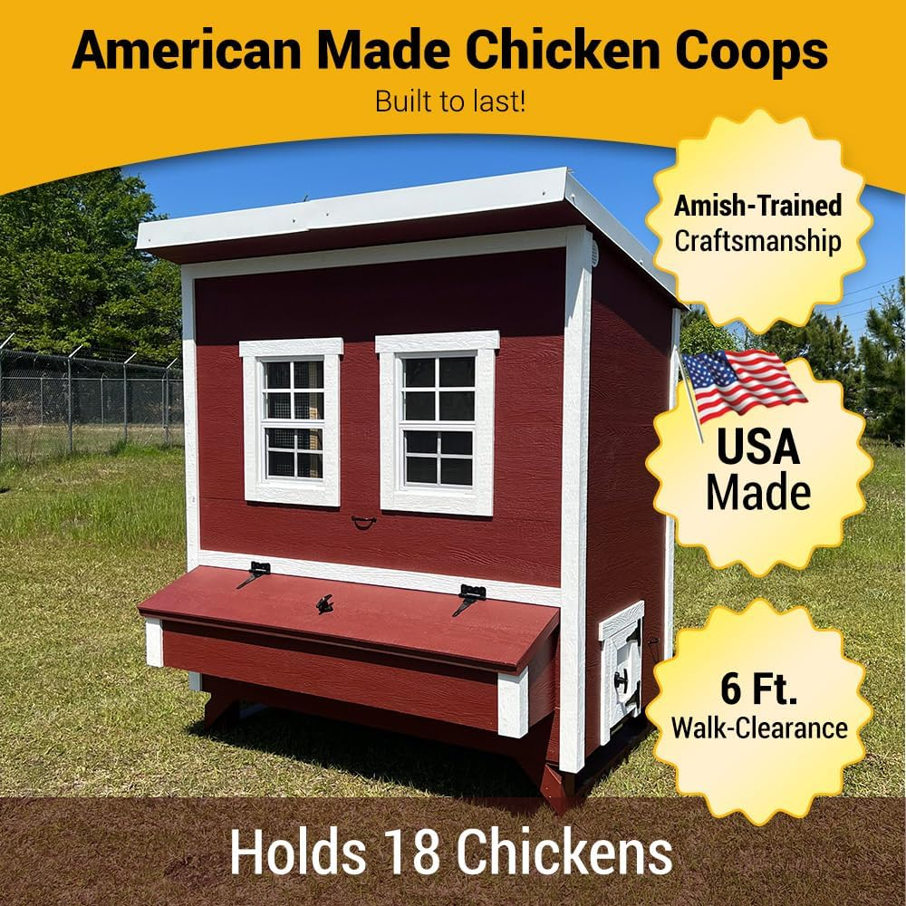 Large Red and White Wooden Walk-In Chicken Coop