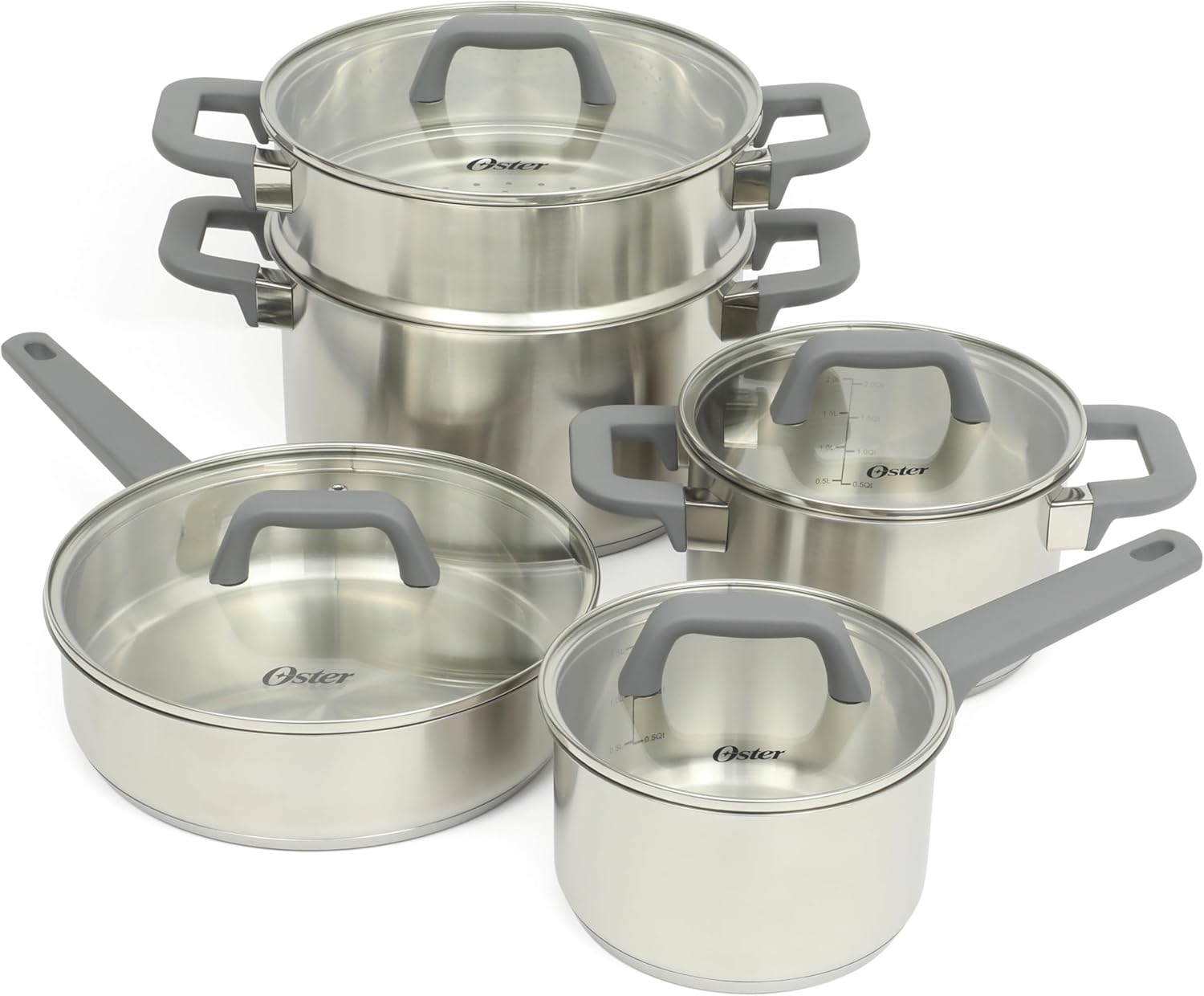 Oster Beauford 9 Piece Stainless Steel Non-Toxic Pots and Pans Cookware Set W/ Tri-Ply Encapsulated Bottom & Soft Touch Handles