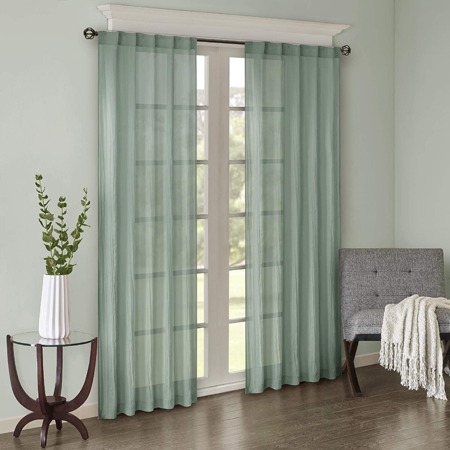 Aqua Sheer Polyester Ground Length Window Drapes, 2 Piece