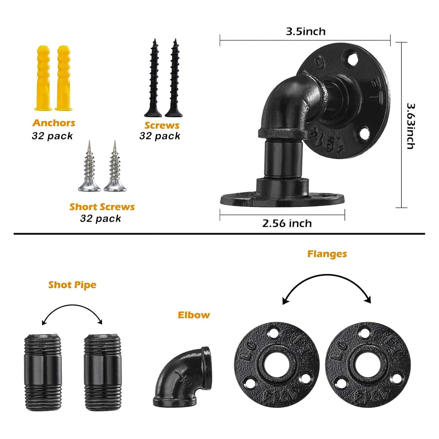 6 Pack Industrial DIY Wall Mount Pipe Shelving Brackets, Vintage Black Iron Rustic Home Shelf