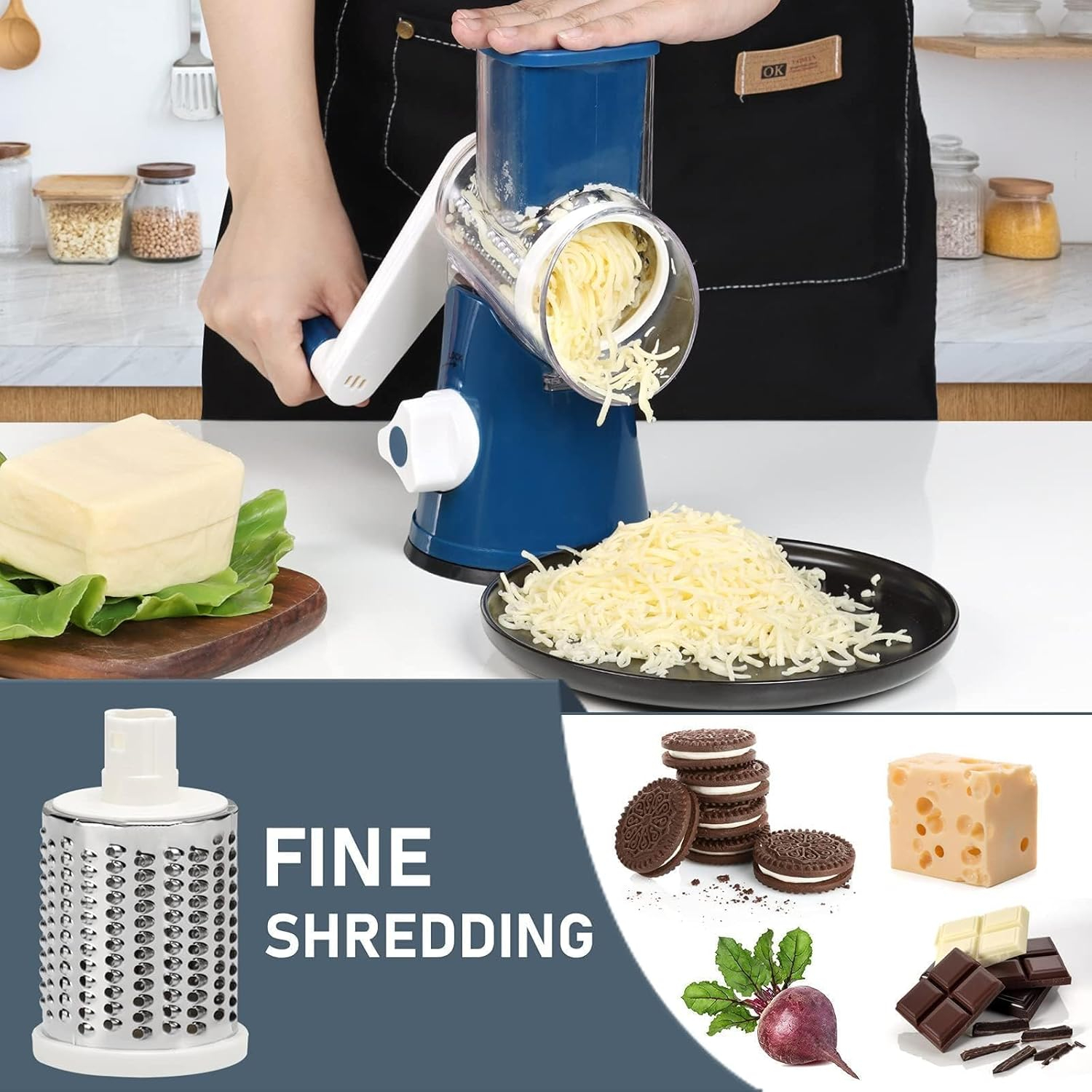 TURTM  KEOUKE Rotary Cheese Grater with Ergonomic Handle - Effortless Slicing & Grating for Cheese  Potatoes  Zucchini  Nuts & Chocolate - 3 Interchangeable Stainless Steel Blades - Versa