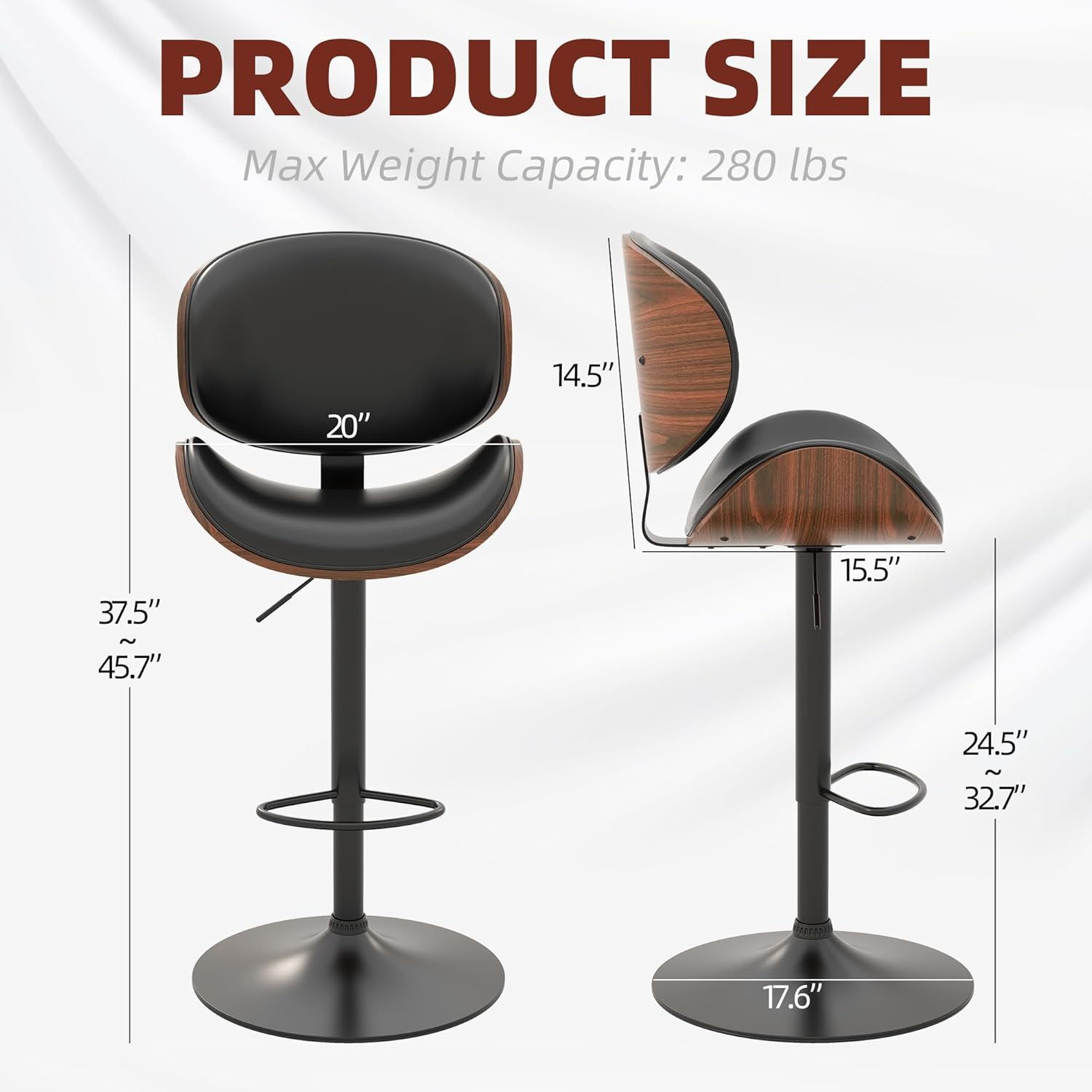 civama Bar Stools Set of 2 for Kitchen Counter, Adjustable Bar Height Chairs, Modern Swivel Barstools with Bentwood Seat and Back with Footrest, for Kitchen Island, Dining Room, Black PU Leather