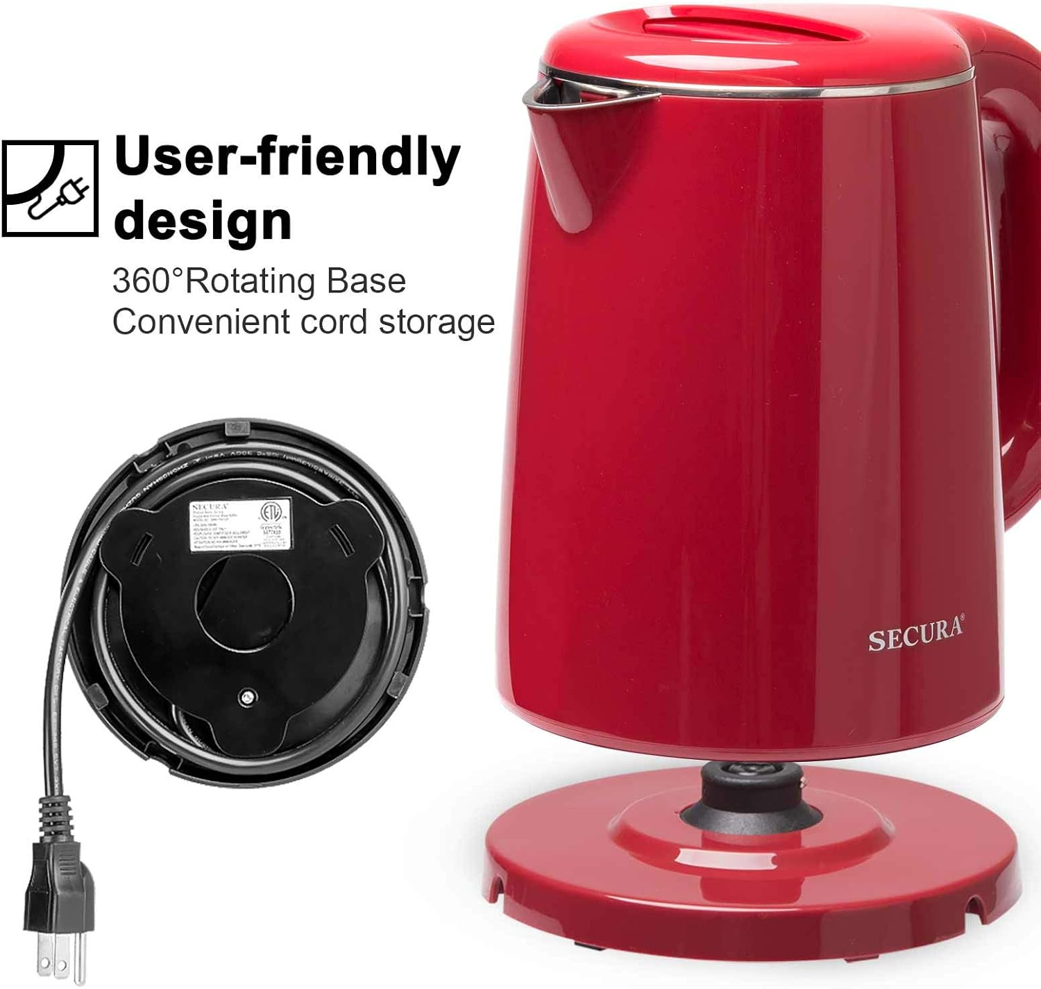Secura Stainless Steel Double Wall Electric Kettle Water Heater for Tea Coffee w/Auto Shut-Off and Boil-Dry Protection, 1.0L (Red) SWK-1001DR/HB-K012